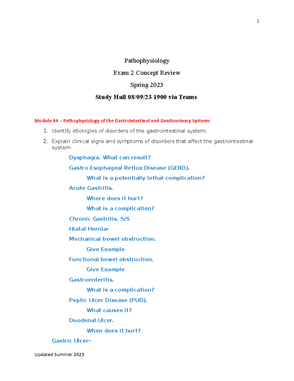 Exam 2 Concept Review - Fall 2023 - Pathophysiology Exam 2 Concept ...