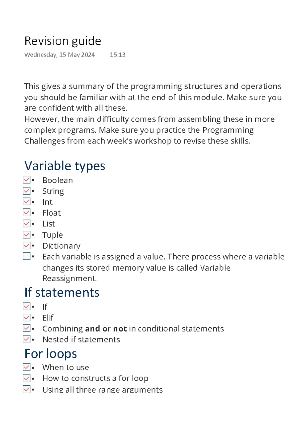 Revision guide - This gives a summary of the programming structures and ...