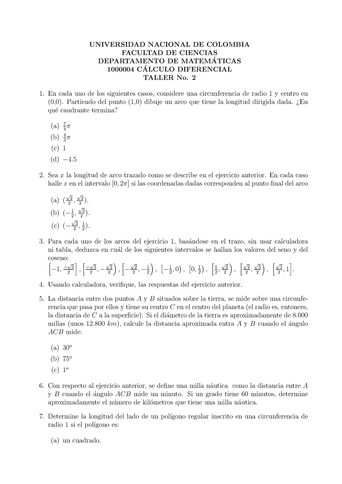 Taller DE Calculo Diferencial 2 - UNIVERSIDAD NACIONAL DE COLOMBIA ...