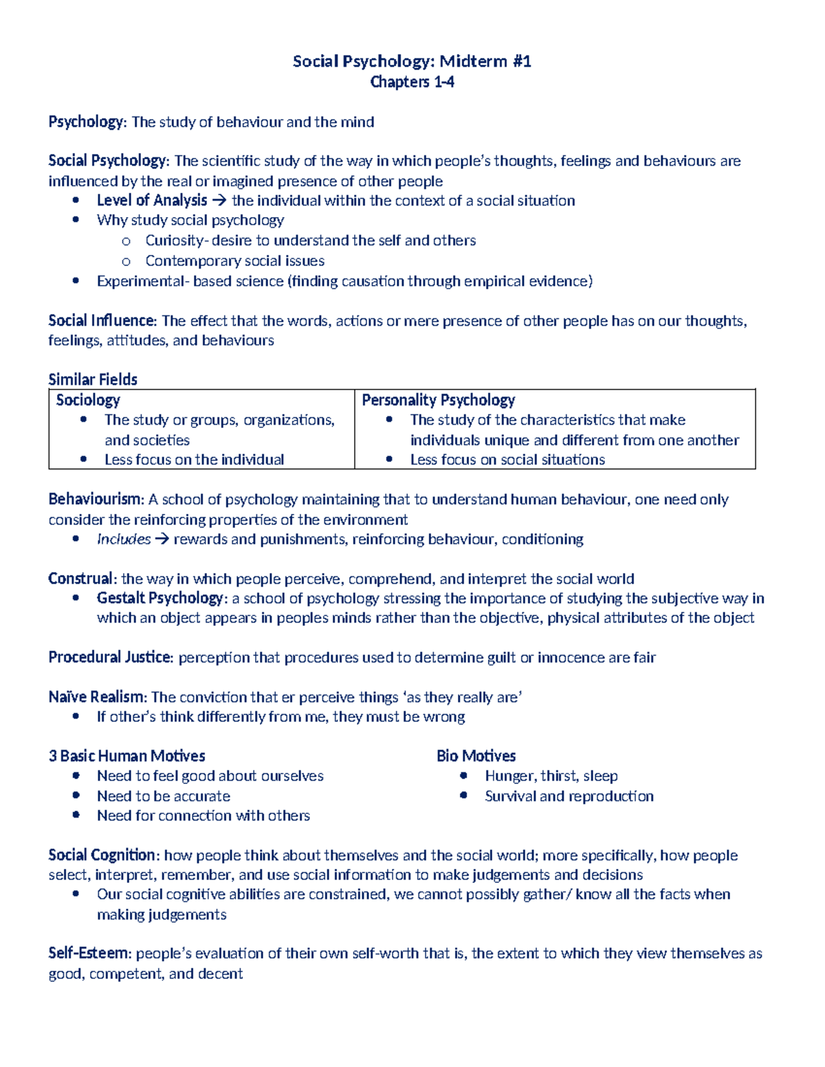 Midterm 1 - Social Psychology: Midterm Chapters 1- Psychology: The ...