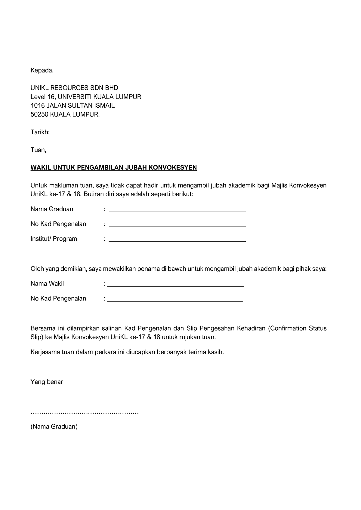 Surat Wakil Jubah Letter Of Consent Kepada Unikl Resources Sdn Bhd