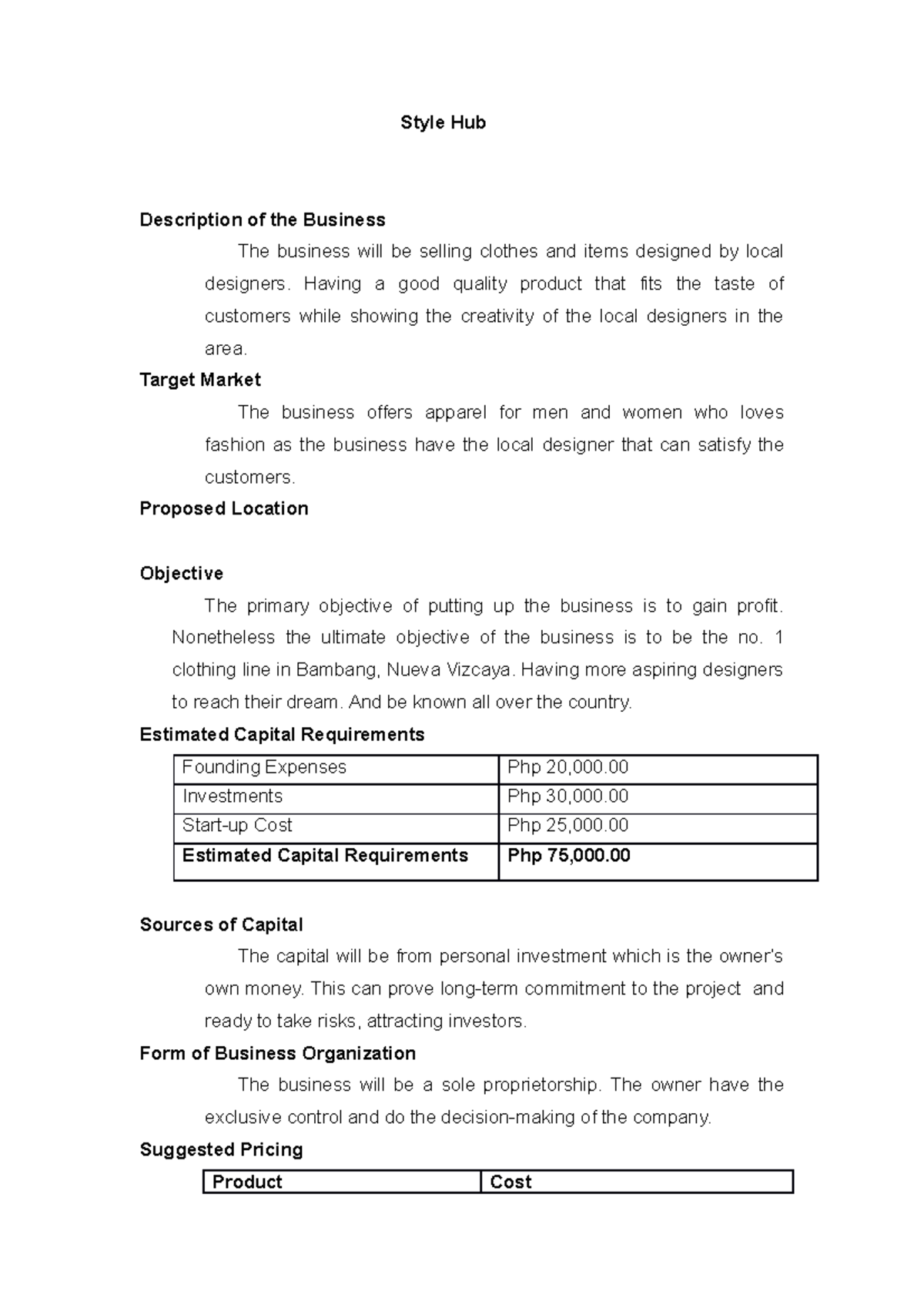 Style Hub - Business proposal - Style Hub Description of the Business ...