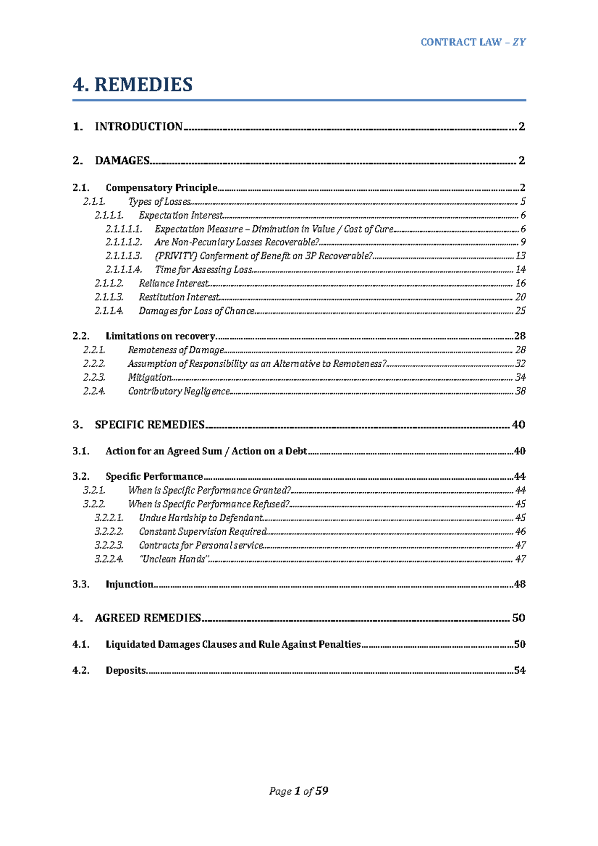 4. Remedies - Summary Law of Contract - CONTRACT LAW ZY 4. REMEDIES 1 ...