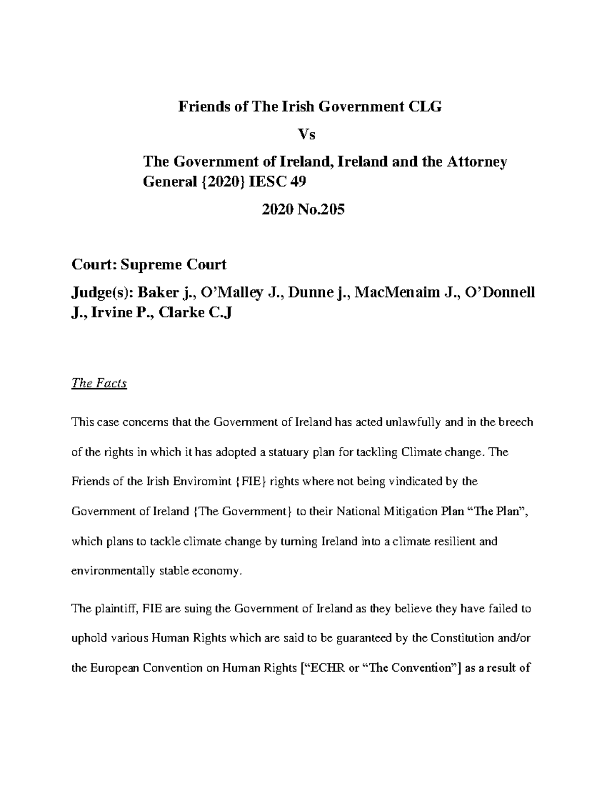 Sample Law Case Brief Friends of The Irish Government CLG Vs The