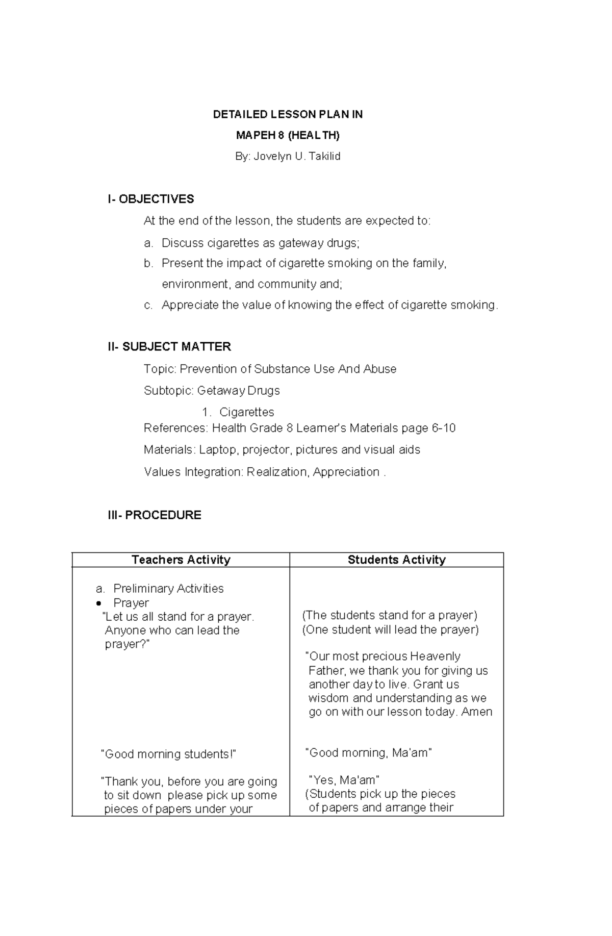 Ilide - DETAILED LESSON PLAN IN MAPEH 8 (HEALTH) By: Jovelyn U. Takilid ...