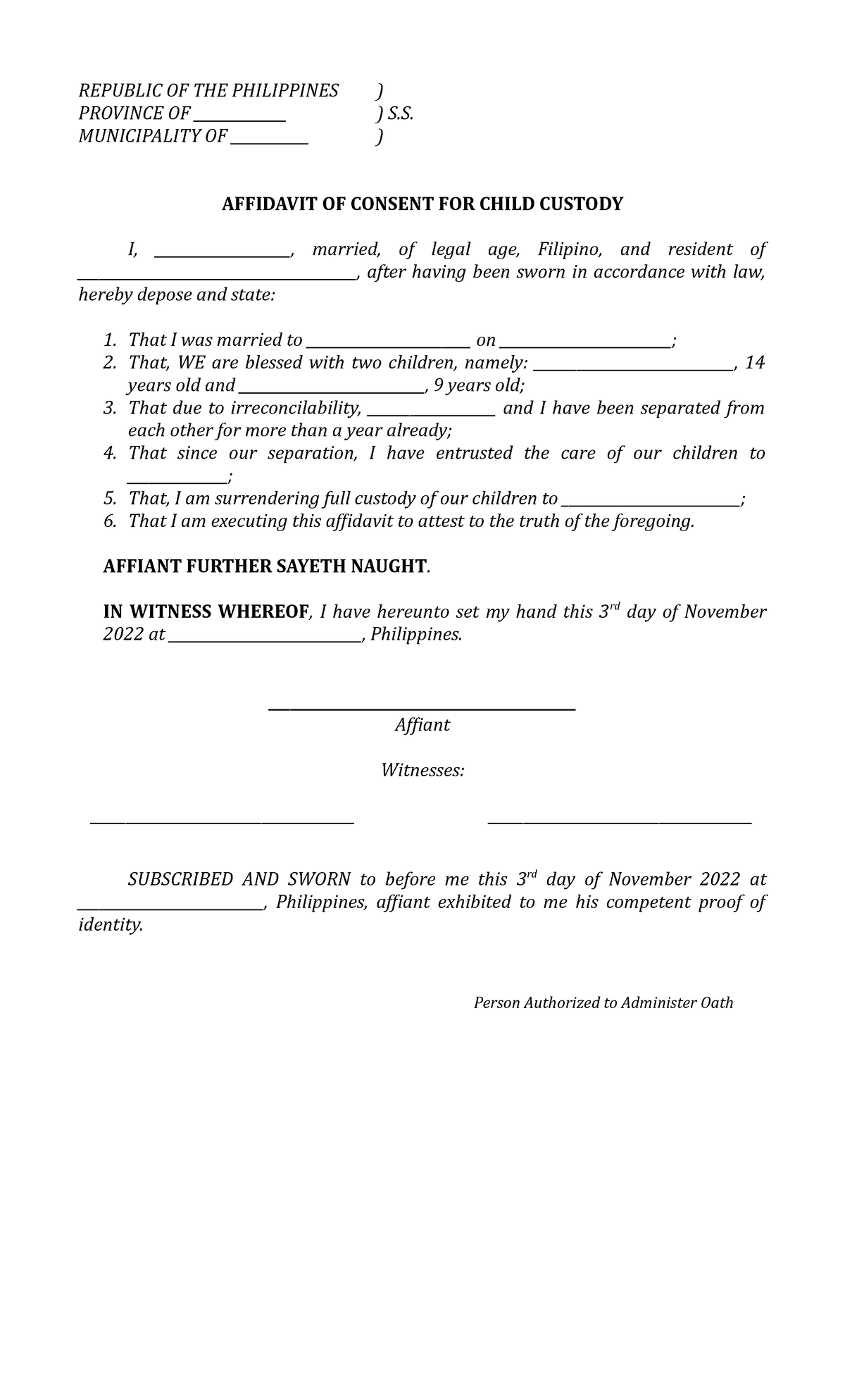 Affidavit OF Consent FOR Child Custody - REPUBLIC OF THE PHILIPPINES ...