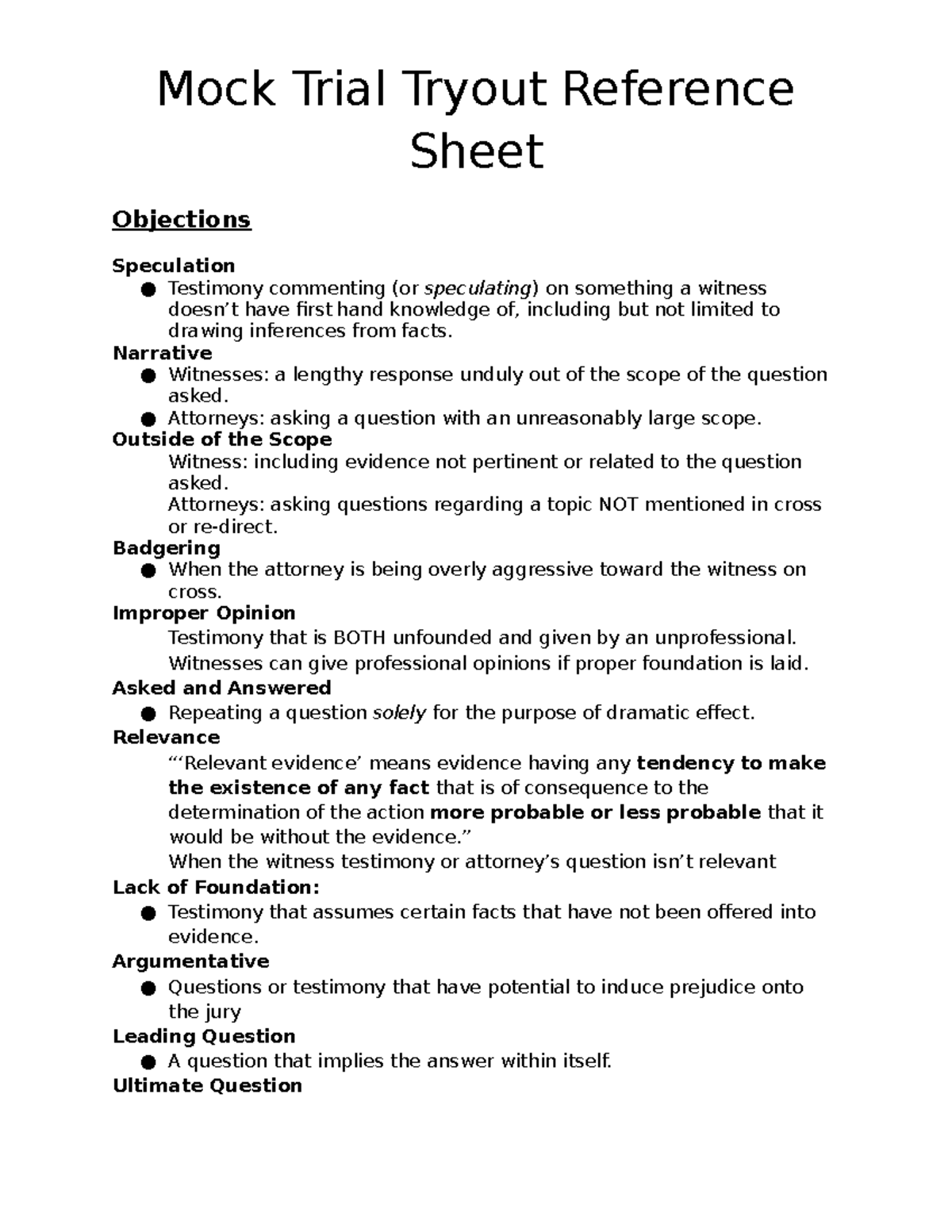 Common Objections In Court Cheat Sheet prntbl concejomunicipaldechinu