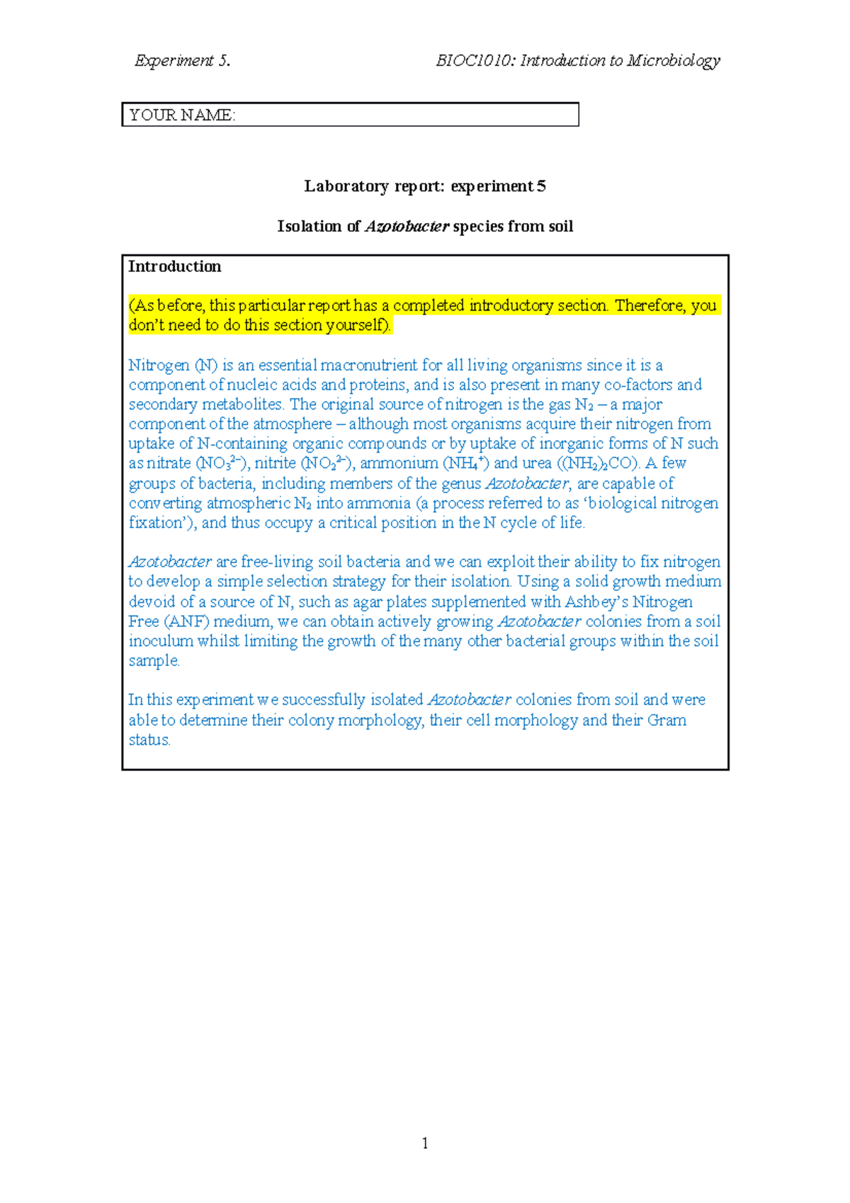 Lab report template 23 - Introduction to Microbiology - BIOC23 Throughout Introduction Template For Report