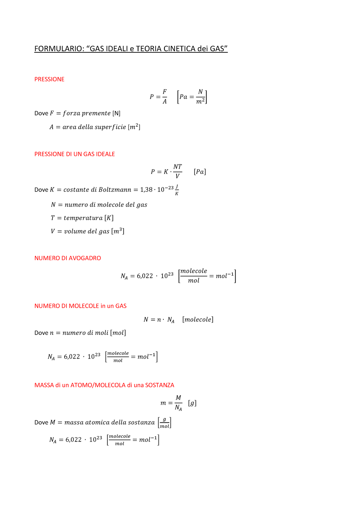 Formulario Gas Ideali E Teoria Cinetica Dei Gas Formulario Gas Ideali E Teoria Cinetica Dei