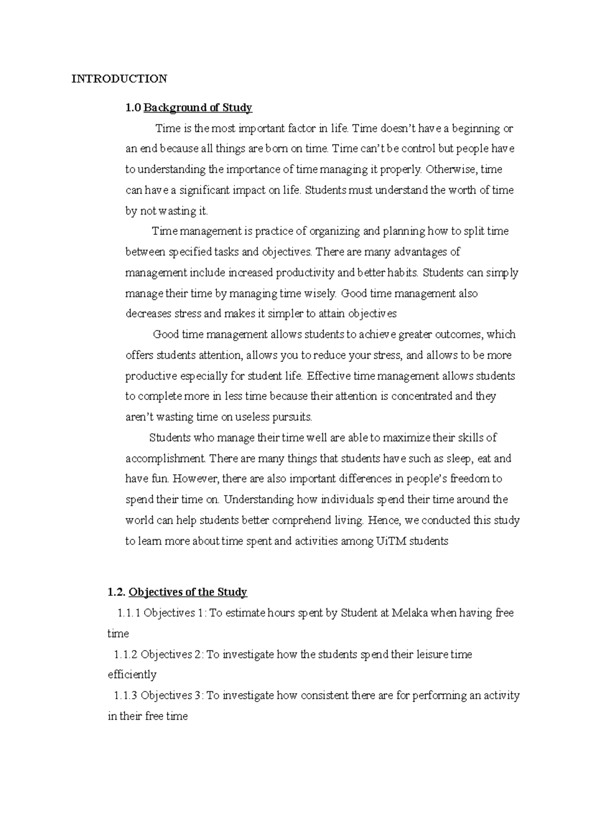 Sta group assignment - sta - INTRODUCTION 1 Background of Study Time is ...