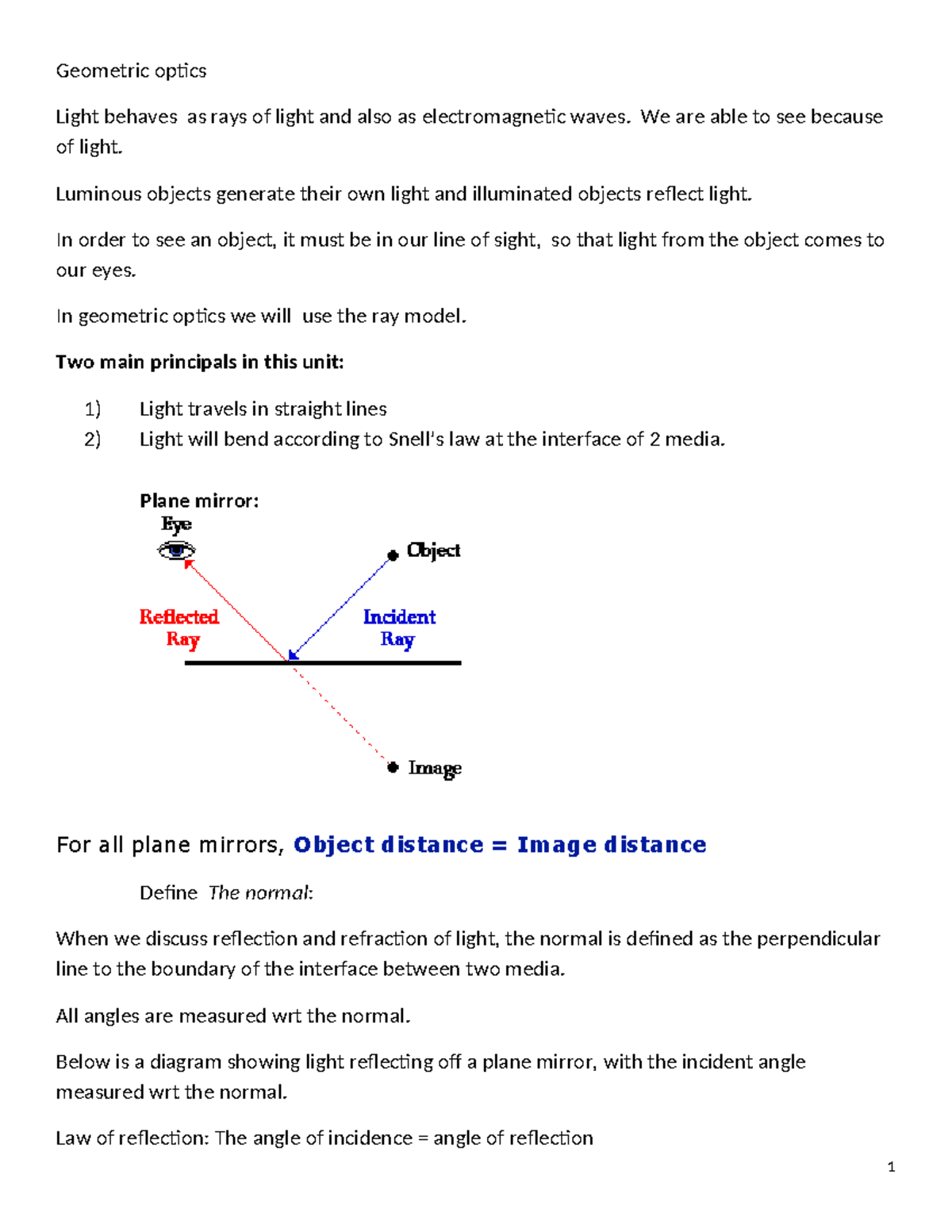 Geometric Optics E - Geometric Optics Light Behaves As Rays Of Light ...