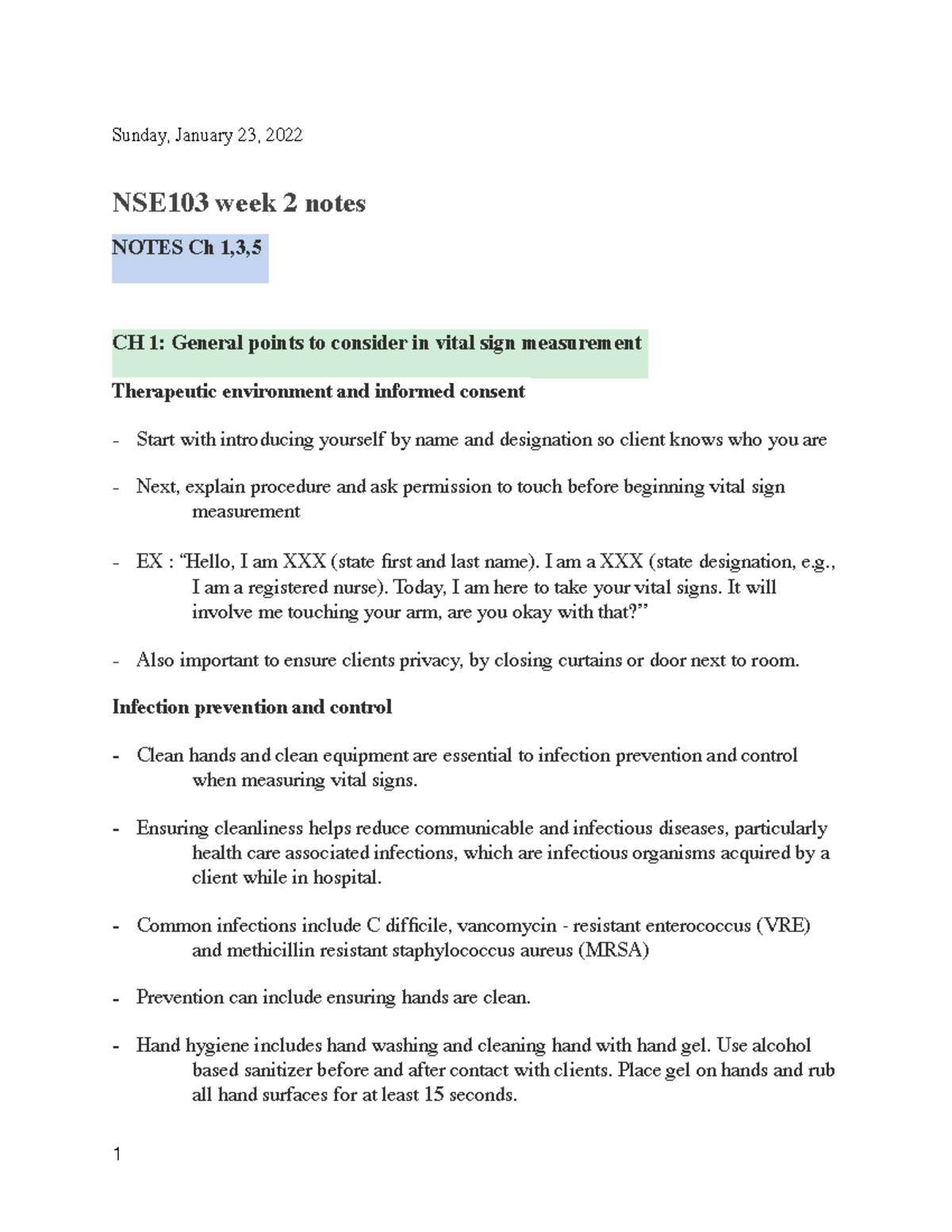 Nse103 Wk 2-8 - Sunday, January 23, 2022 NSE103 Week 2 Notes NOTES Ch 1 ...