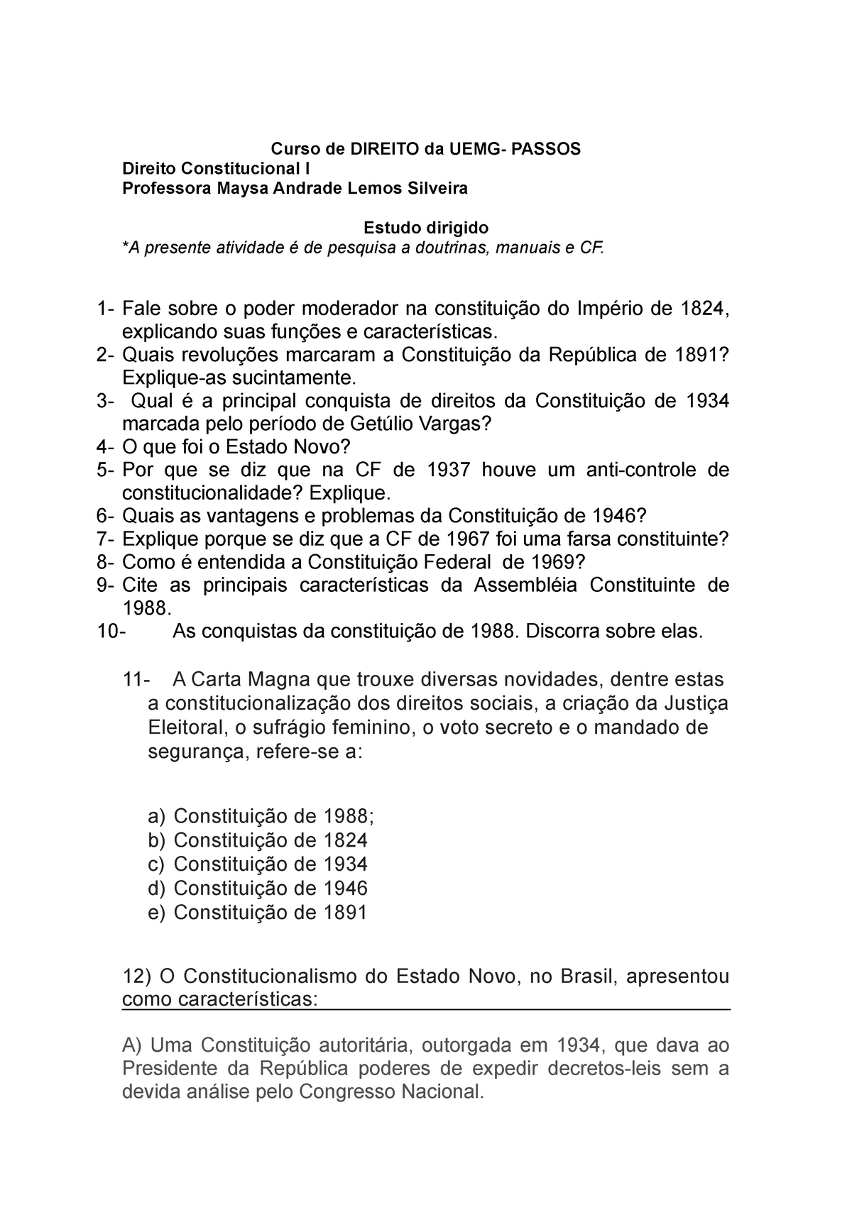 Atividade Constitui Es Brasileiras Curso De Direito Da Uemg