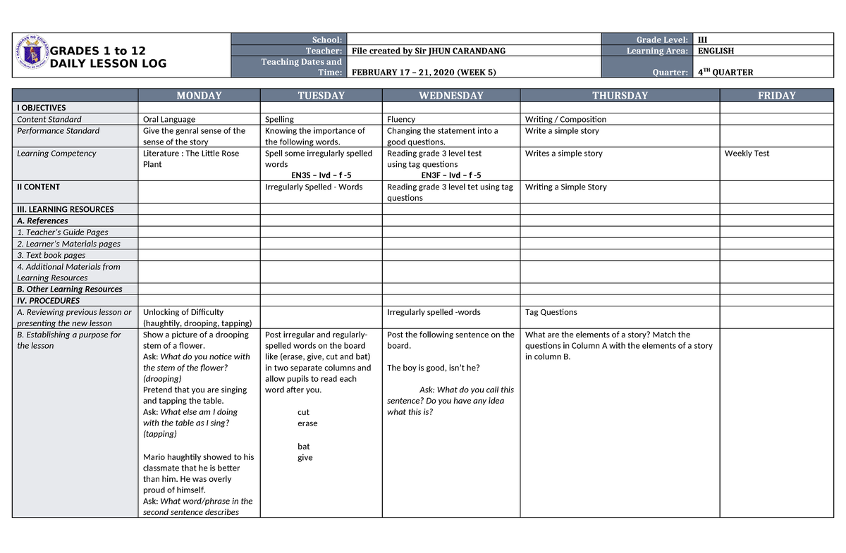 DLL English 3 Q4 W5 - dll - GRADES 1 to 12 DAILY LESSON LOG School ...