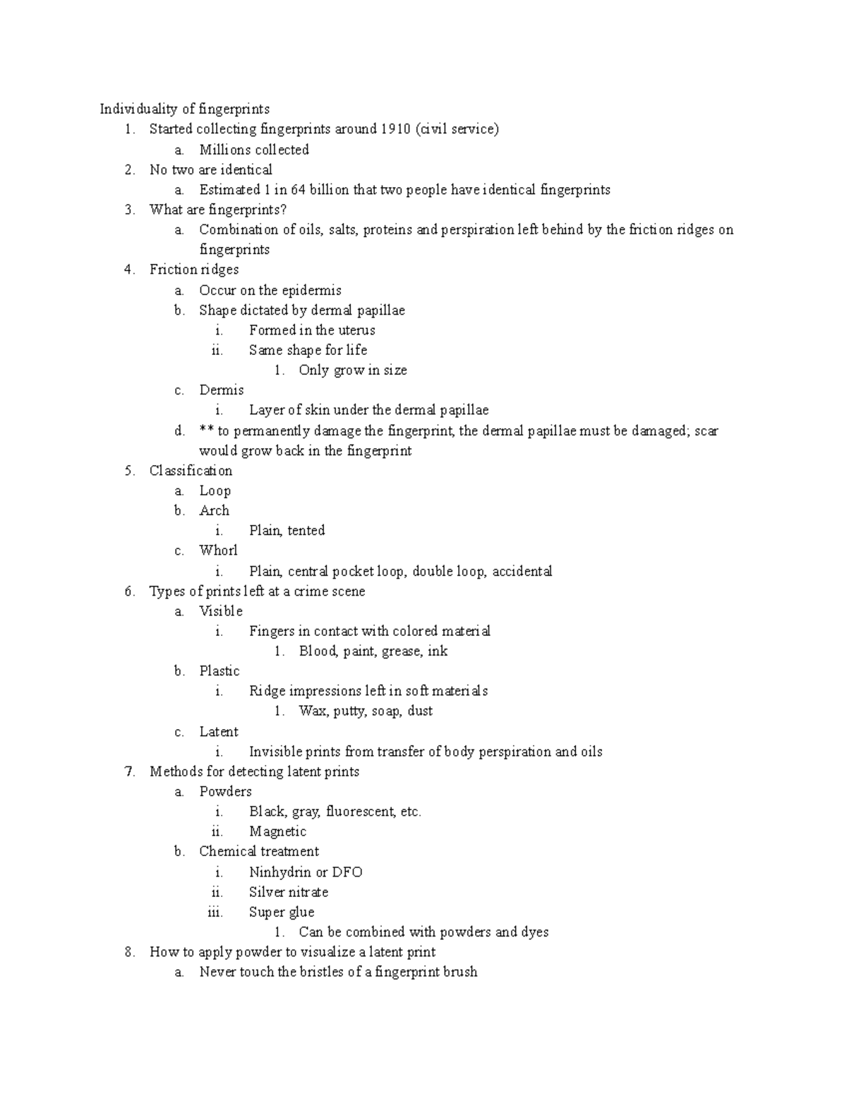 Fingerprints - class notes - Individuality of fingerprints 1. Started ...