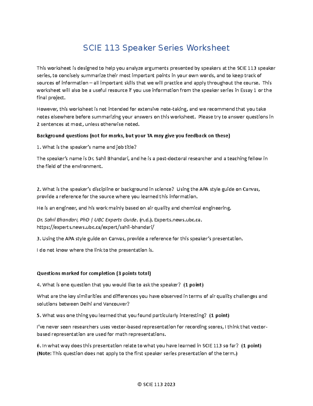Speaker Series Worksheet 1 SCIE 113 Speaker Series Worksheet This