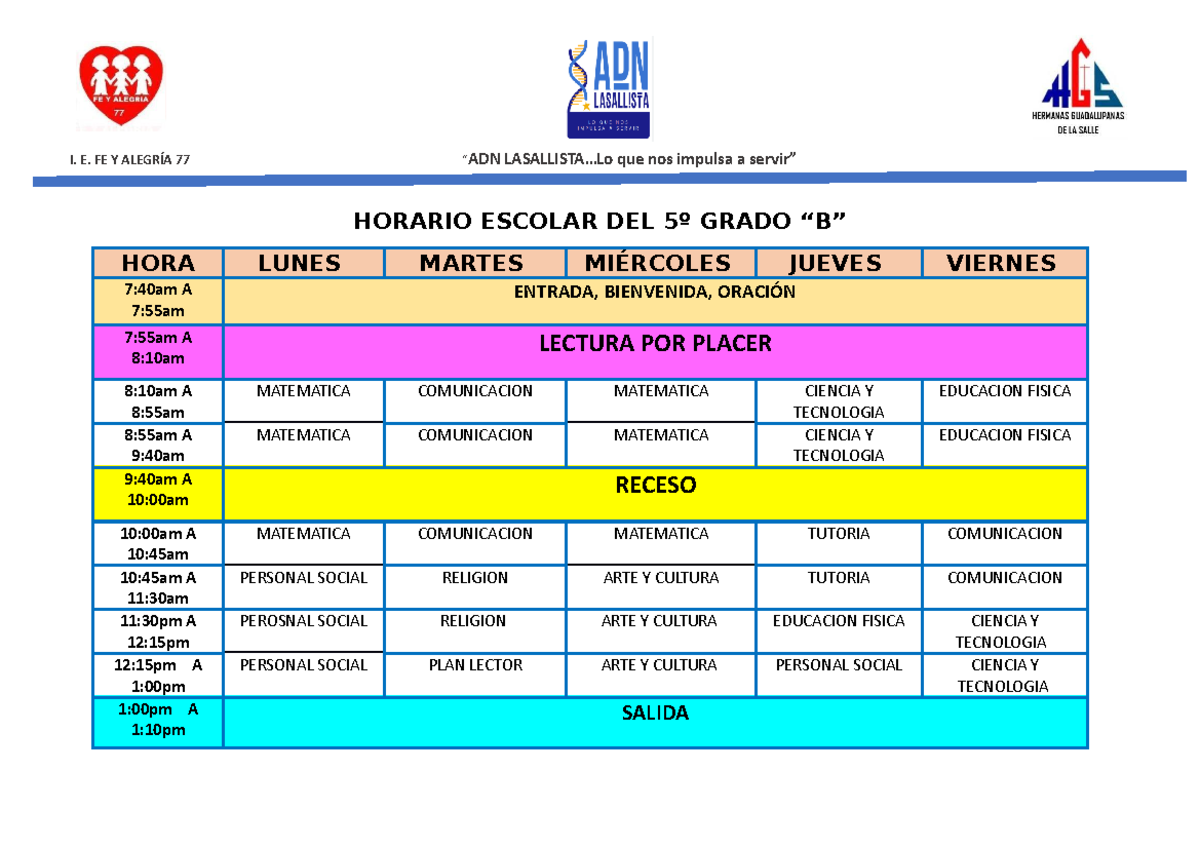 Horario Escolar Quinto B 2023 - I. E. FE Y ALEGRÍA 77 “ADN LASALLISTA ...