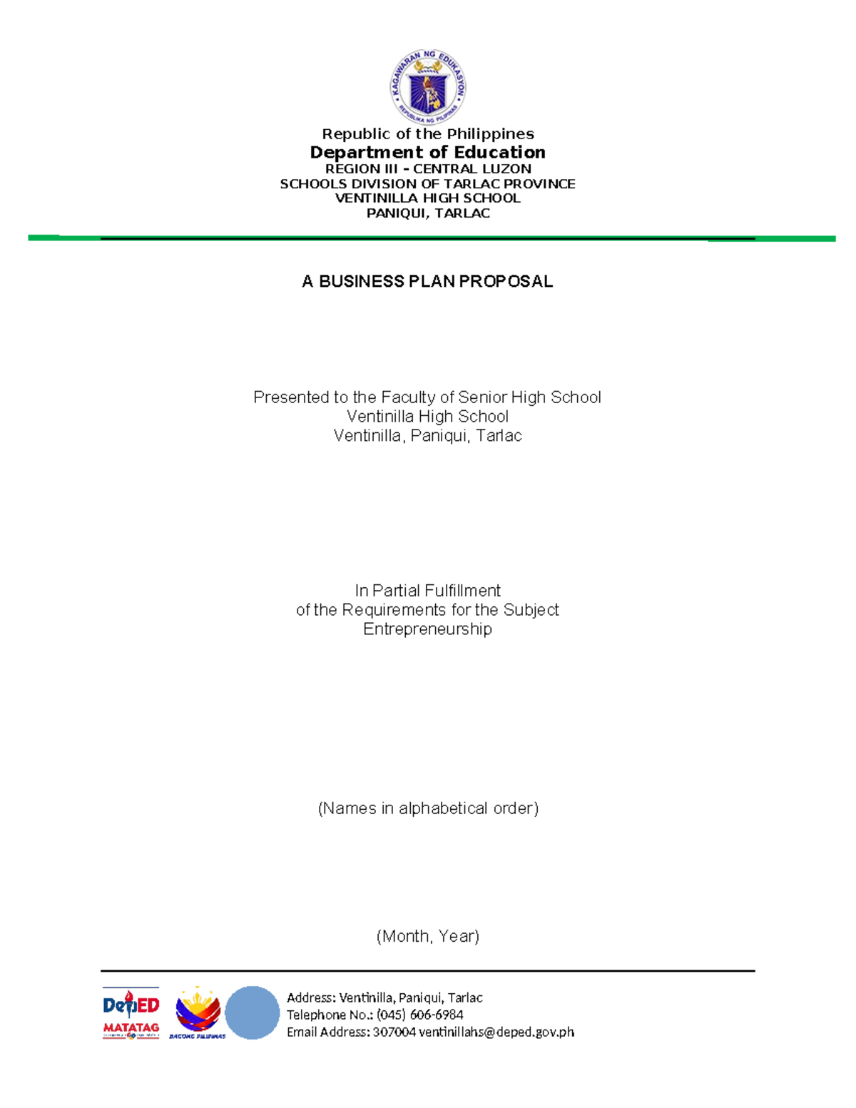 Business Plan Front Page Format Republic of the Philippines