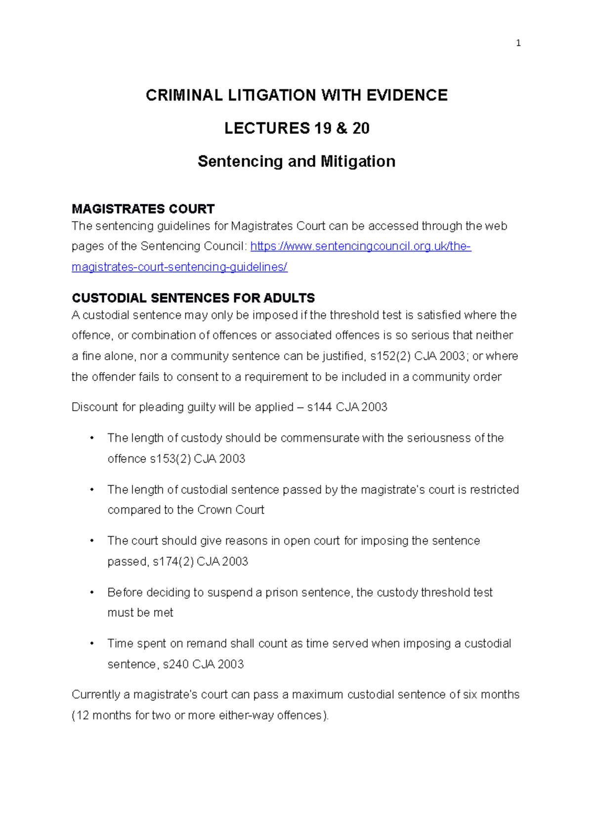 Lectures 19 and 20 - Lecture notes 5 - CRIMINAL LITIGATION WITH ...