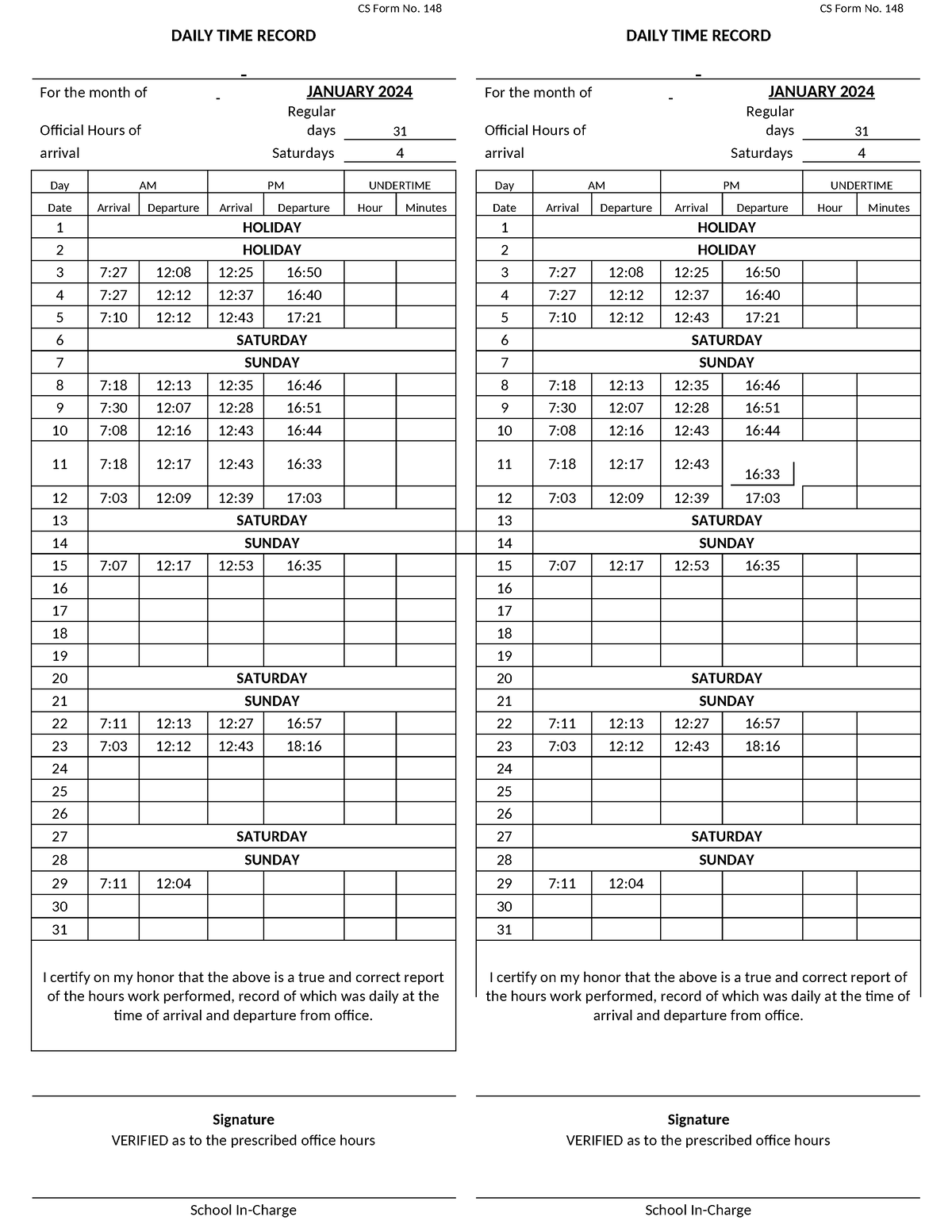 Sample DTR - CS Form No. 148 CS Form No. 148 DAILY TIME RECORD DAILY ...