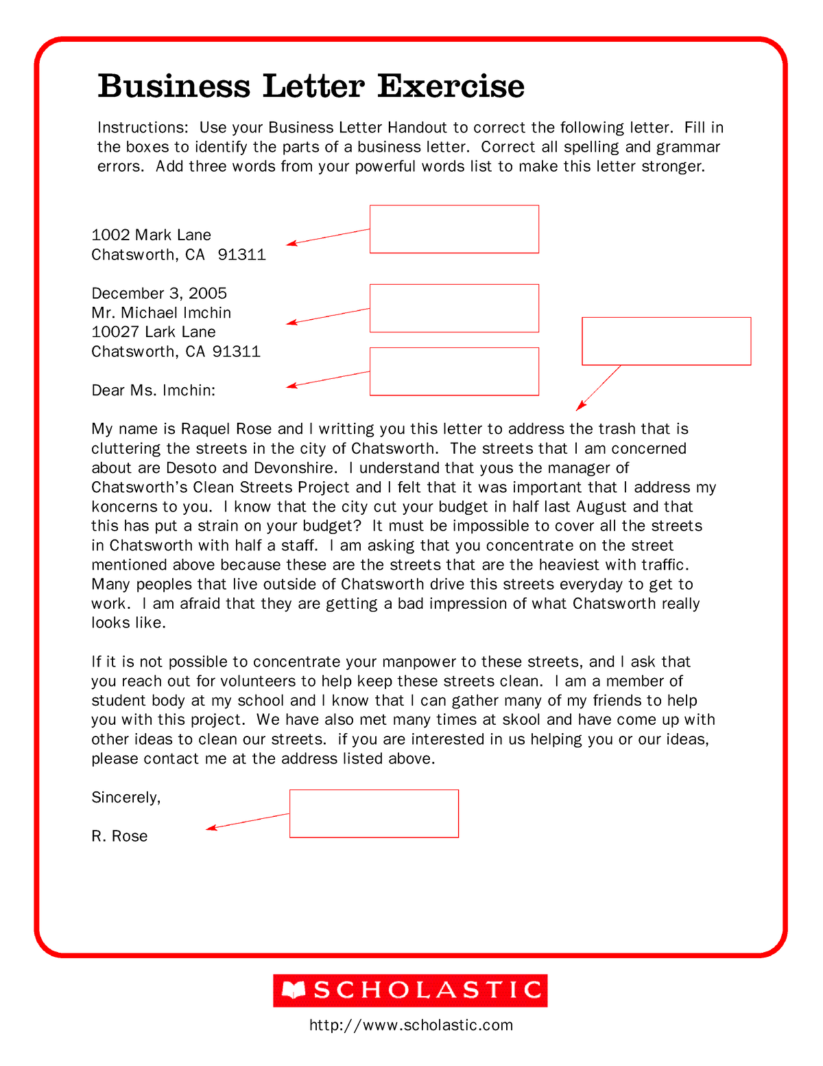 Business Ltr Exercise - adewrf - scholastic Business Letter Exercise ...