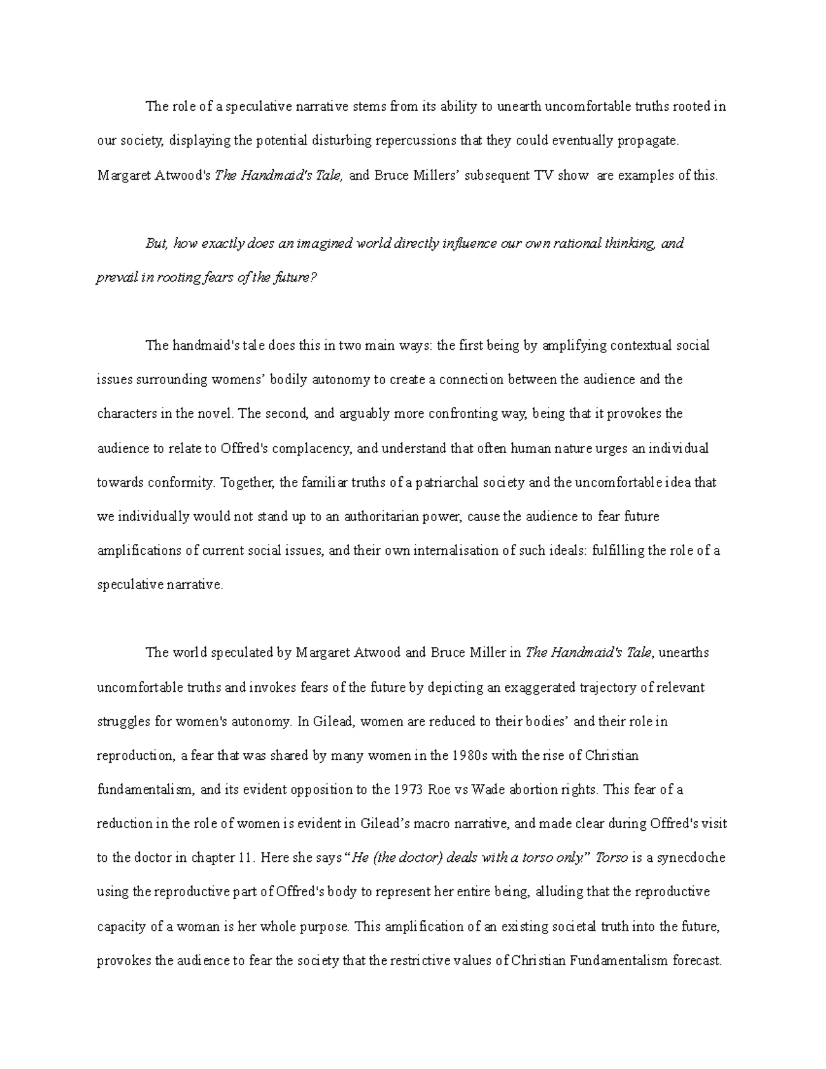 Handmaids Tale comparative essay (speech) The role of a speculative