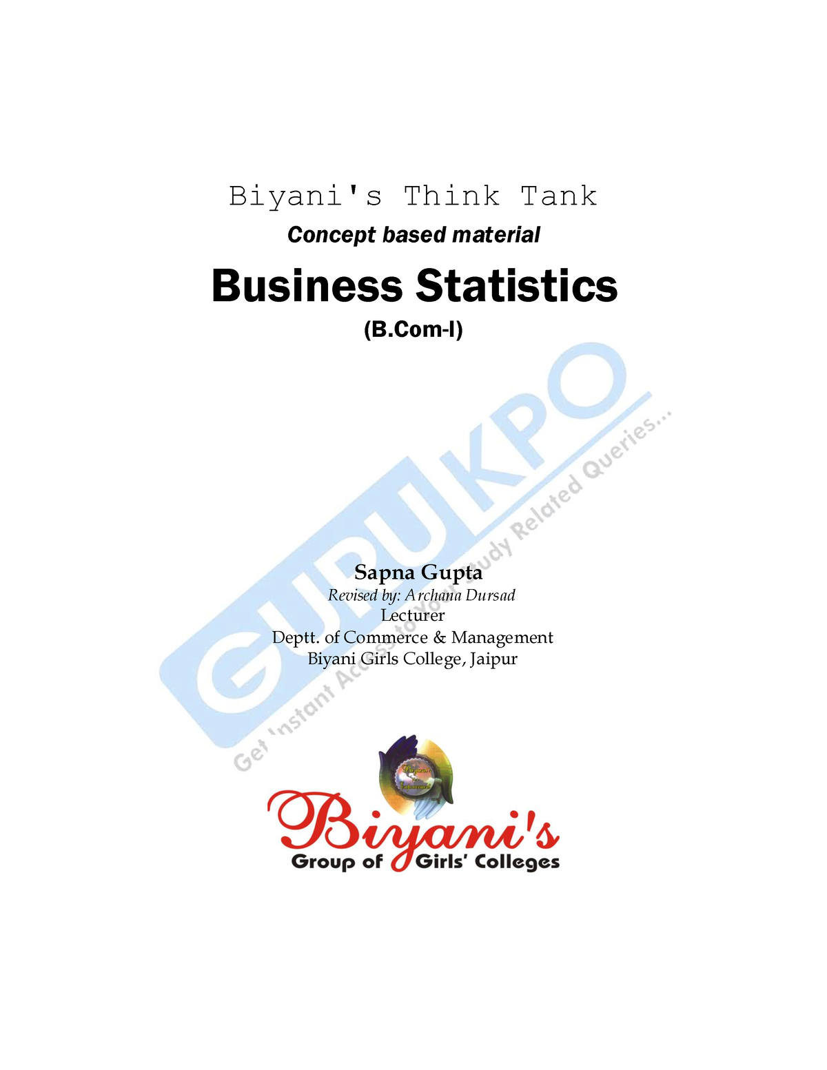 Business Statistics(B - Biyani's Think Tank Concept Based Material ...