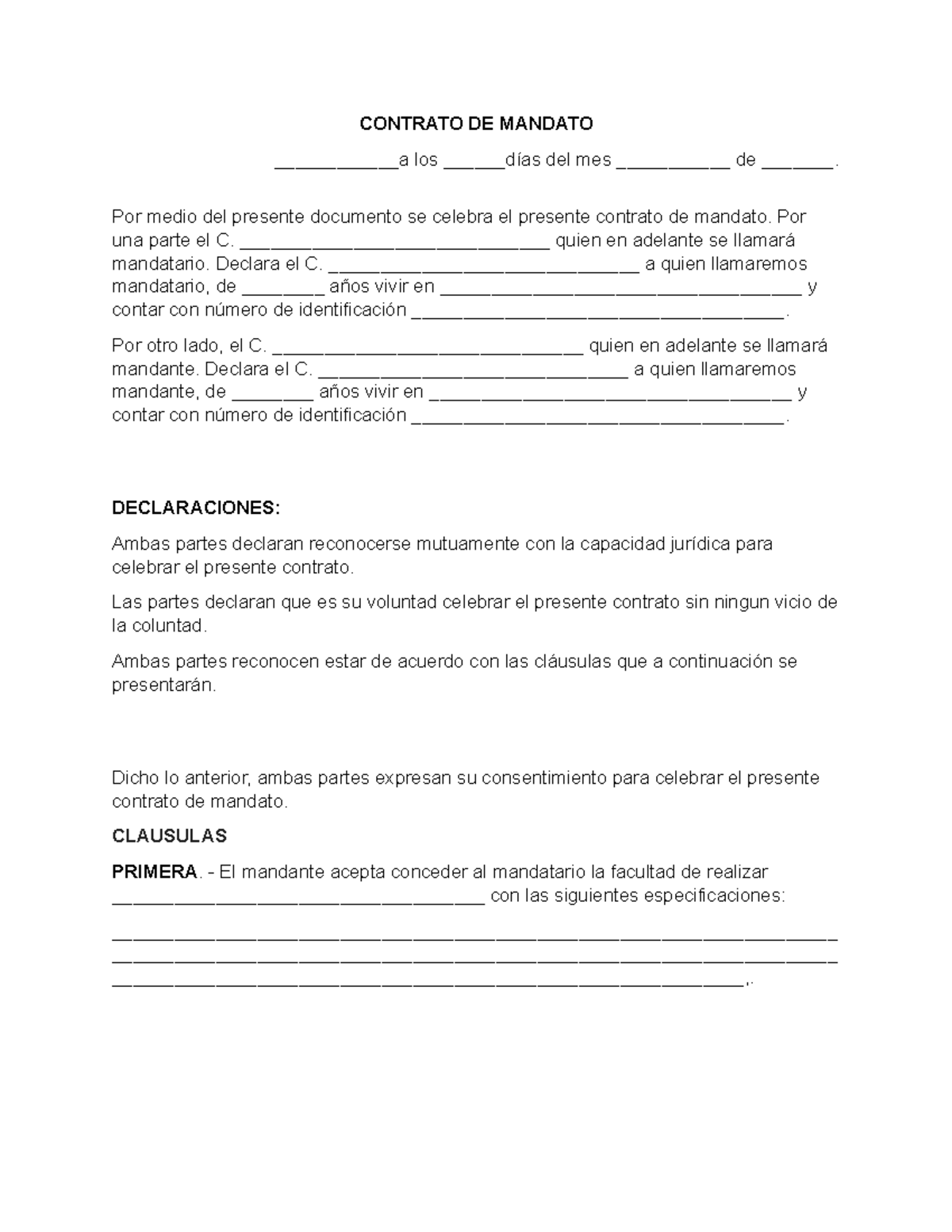 Formato De Contrato De Mandato - CONTRATO DE MANDATO ____________a Los ...