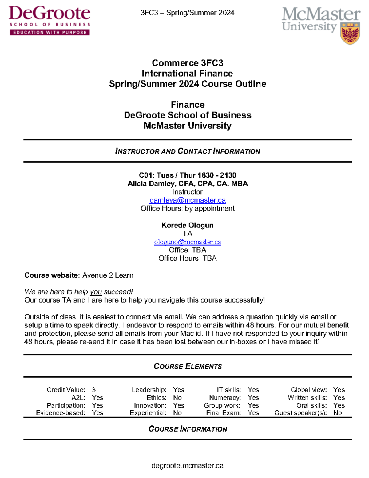 3FC3 Course Outline - Commerce 3 FC 3 International Finance Spring ...