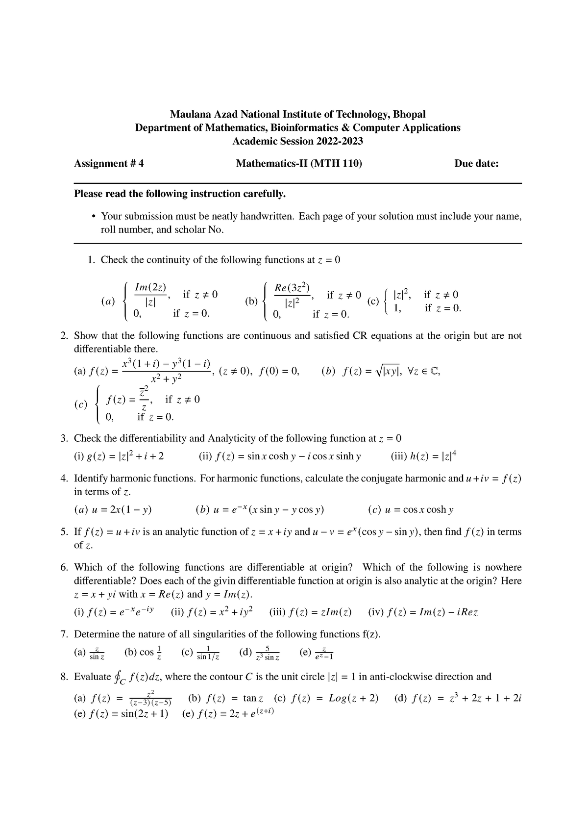 Mathematics - II (MTH 110) Assignment # 4 - Maulana Azad National ...