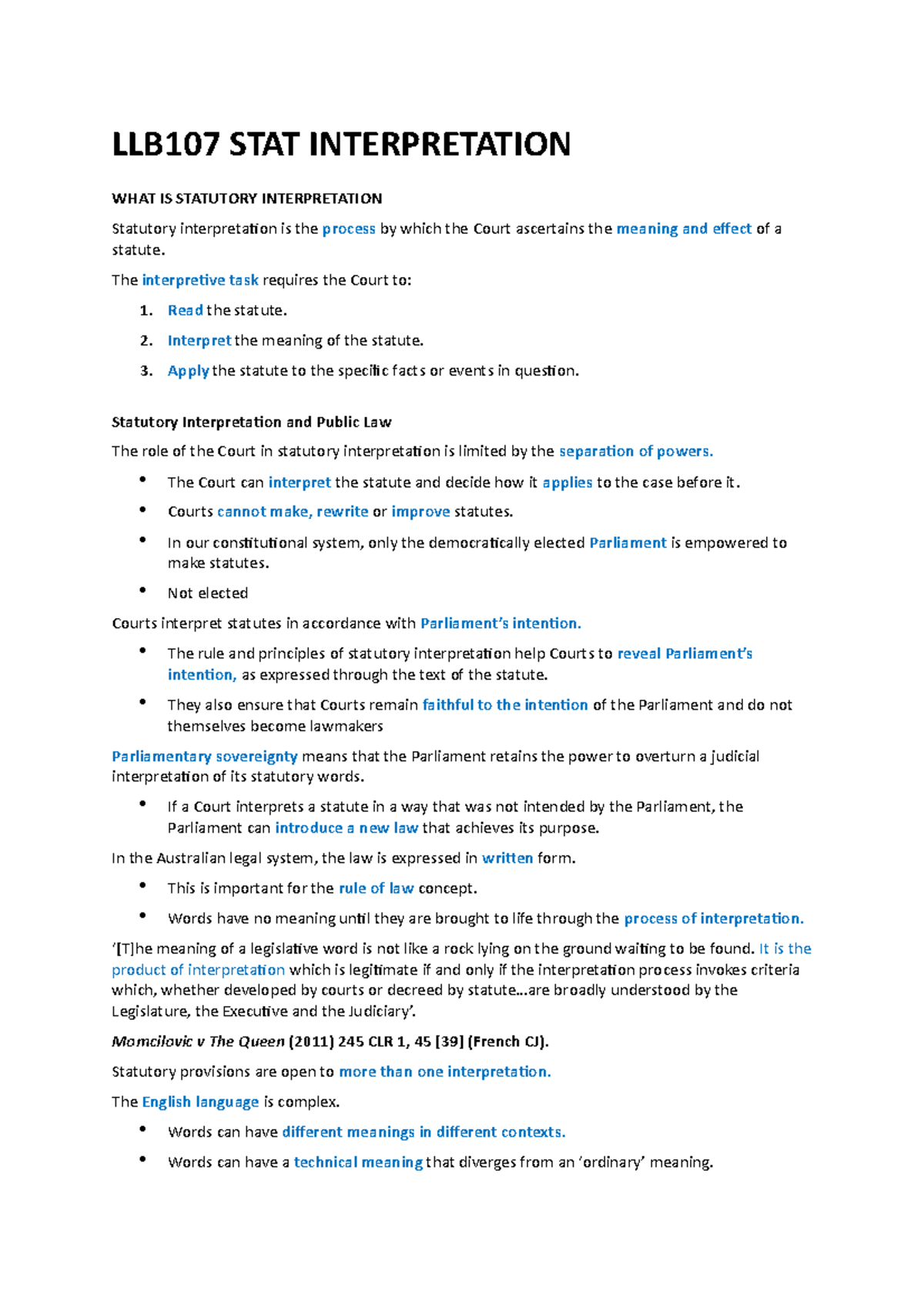 LLB107 Notes - LLB107 STAT INTERPRETATION WHAT IS STATUTORY ...