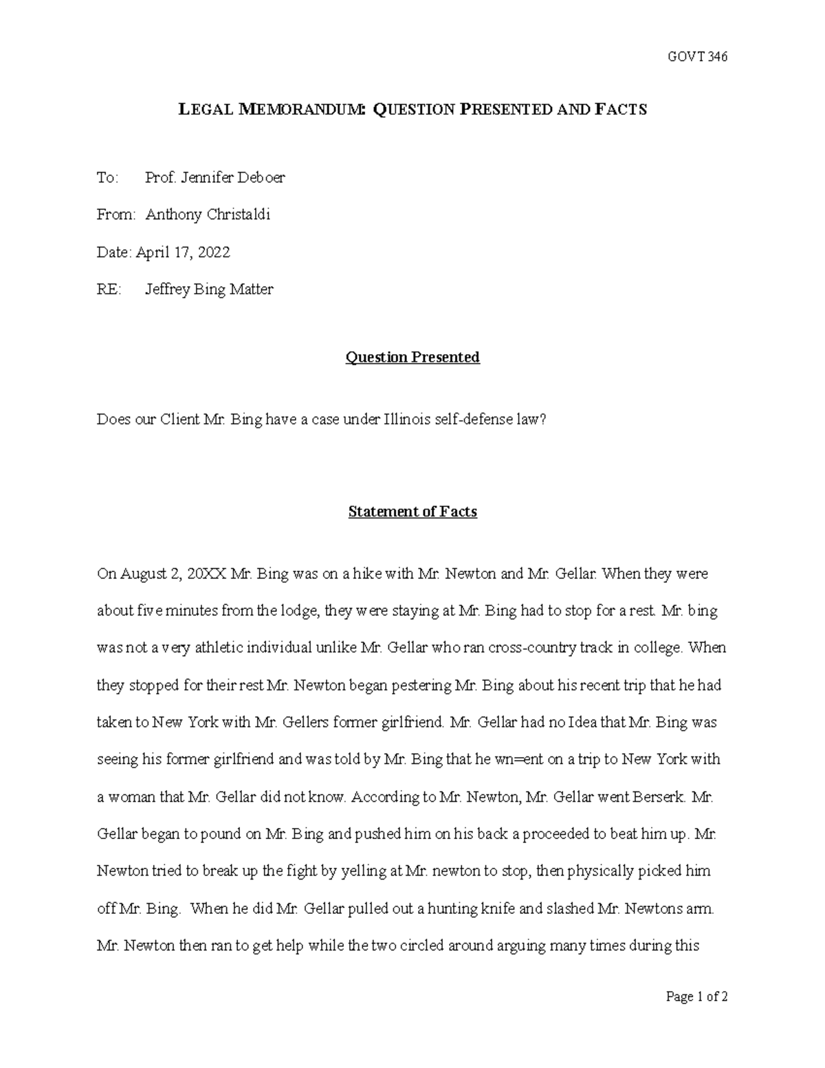 Legal Memorandum Question Presented and Facts GOVT 346 LEGAL