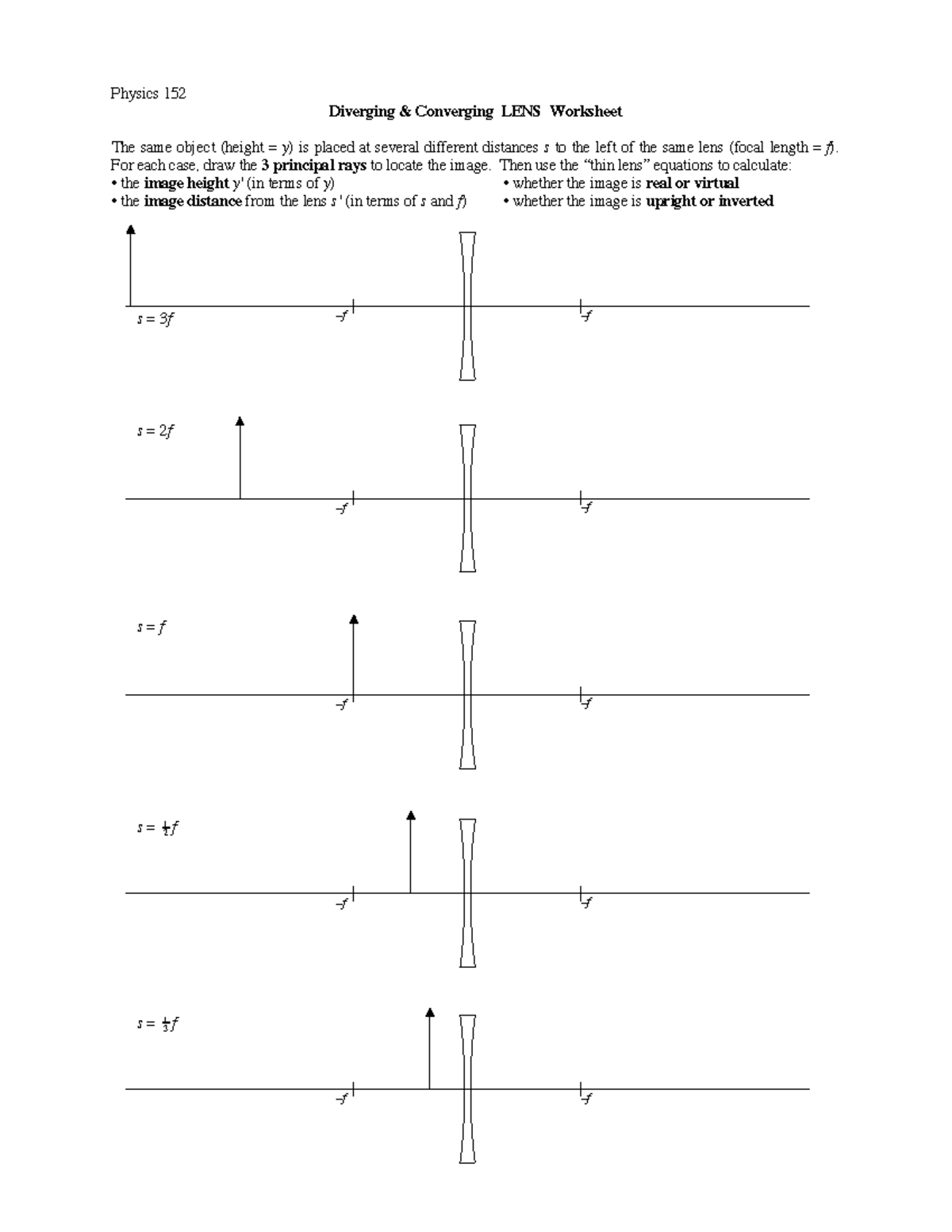 Lensesmirrorswksheet-11spr - Physics 152 Diverging & Converging LENS ...