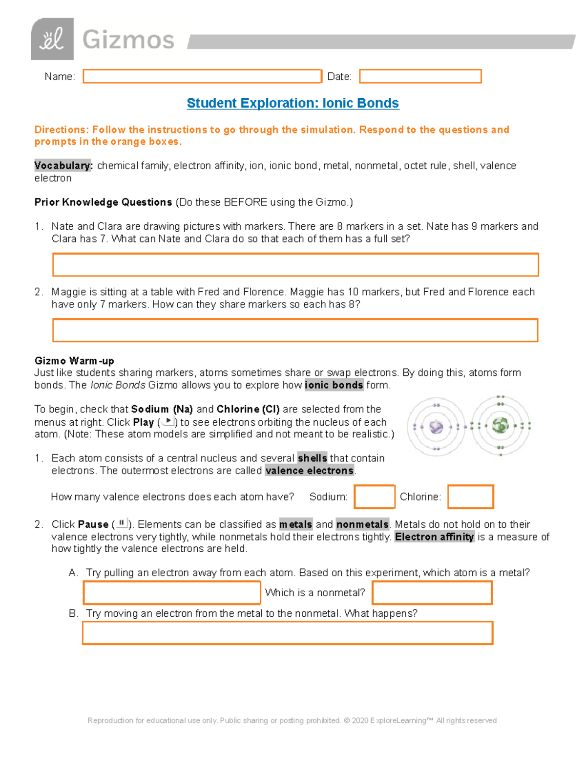 Ionic Bonds Answer Key Only Not really Name Date Student