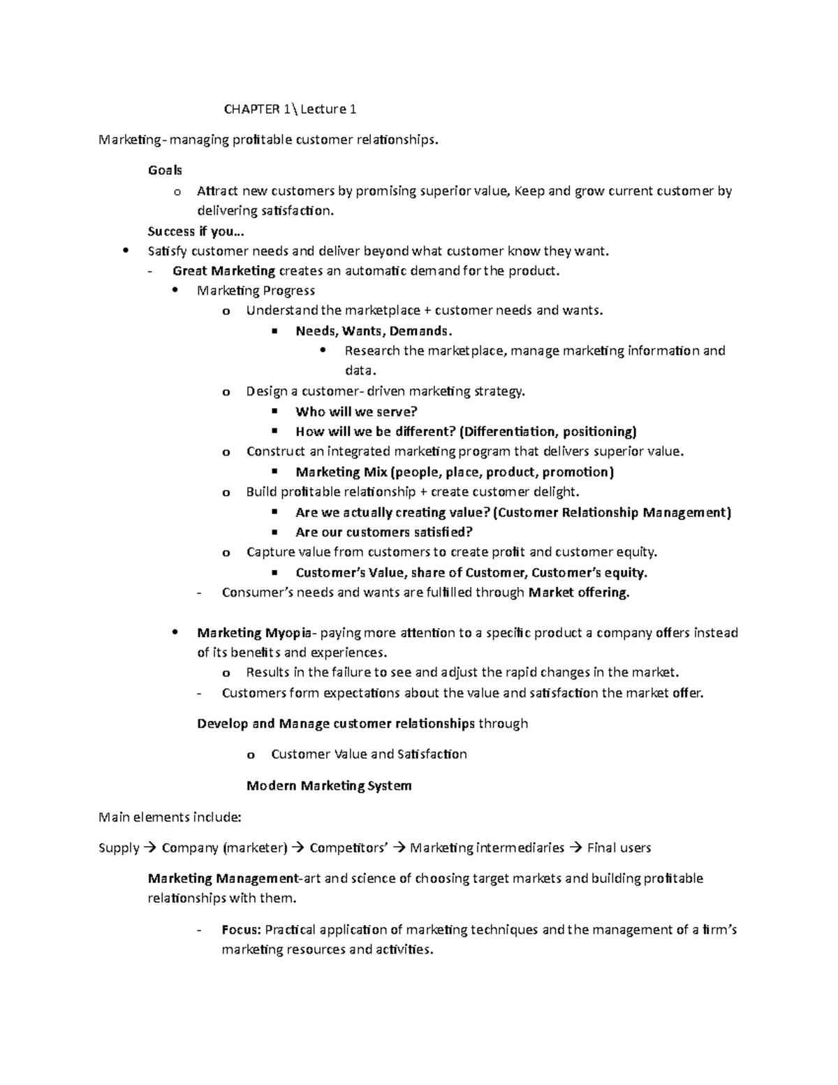 Principles of Marketing Notes - CHAPTER 1\ Lecture 1 Marketing ...