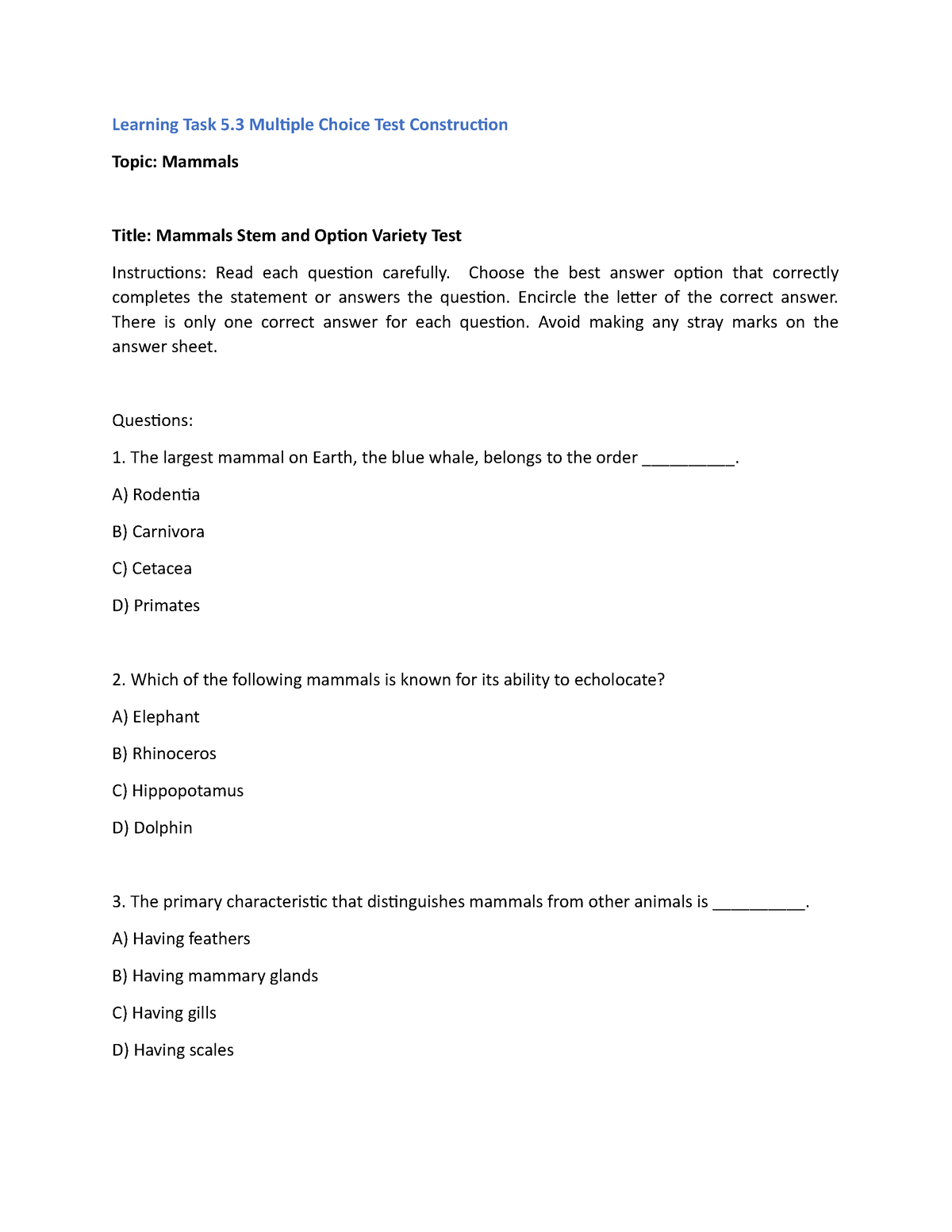 Learning Task 5.3 Multiple Choice Test Construction - Educ 7 ...