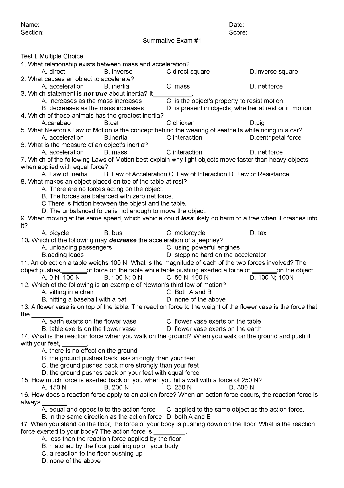 SUmmative Test#1 G8 - Name: Date: Section: Score: Summative Exam # Test ...