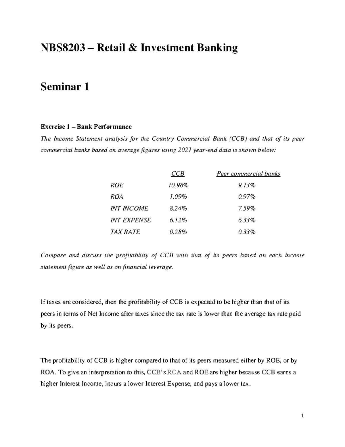 Seminar 1 questions and answers NBS8203 Retail & Investment Banking