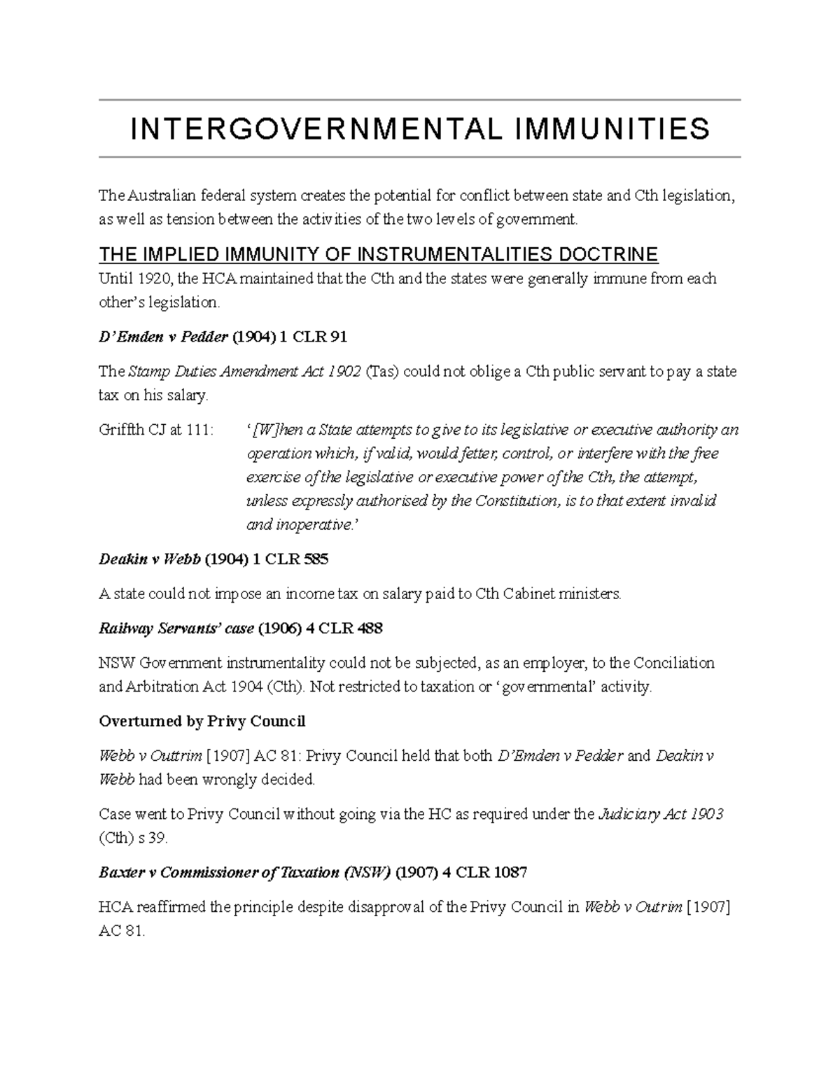 Intergovernmental Immunities notes INTERGOVERNMENTAL IMMUNITIES The