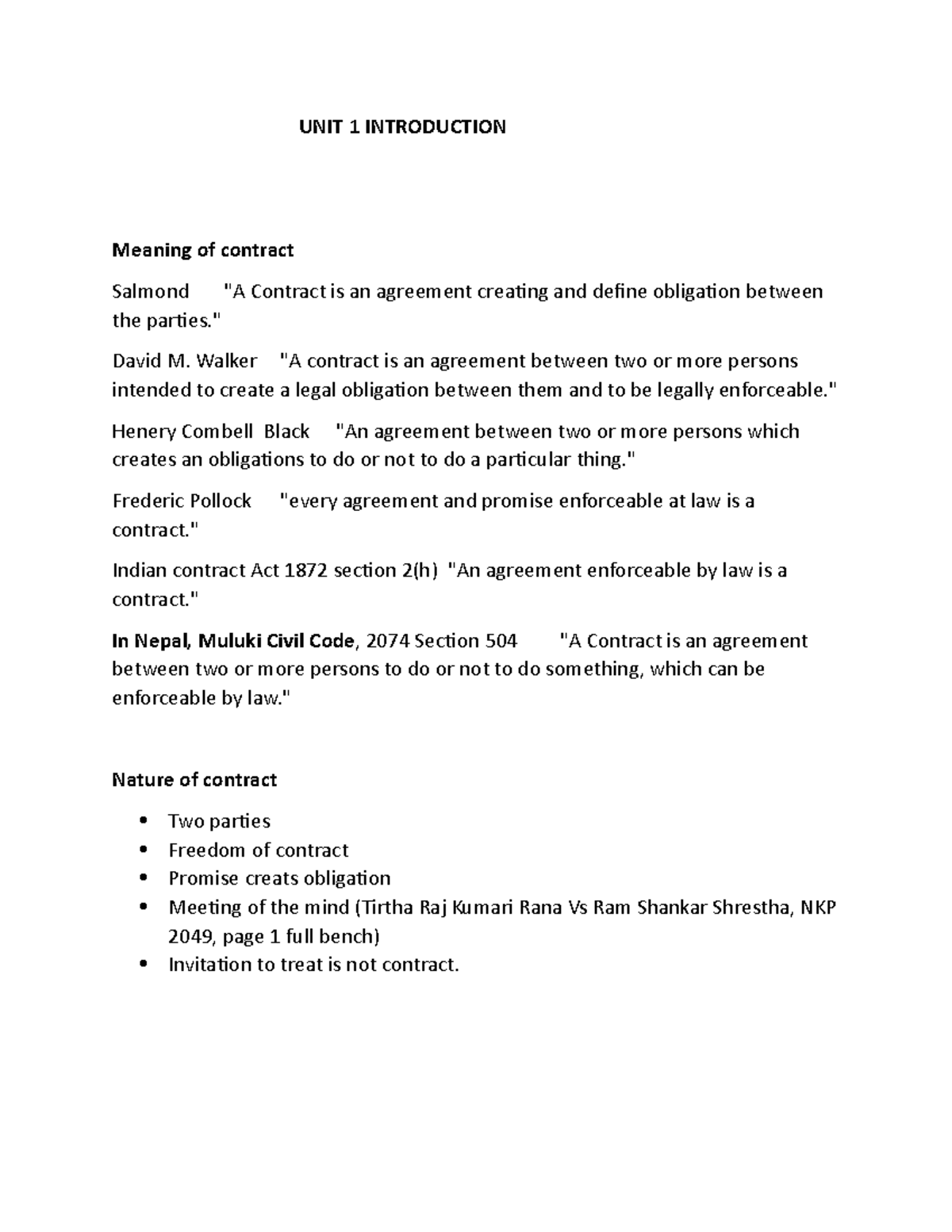 Ballb 4th sem contract law UNIT 1 INTRODUCTION Meaning of contract