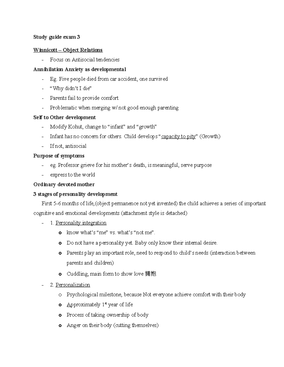 Study guide exam 3 - bbb - Study guide exam 3 Winnicott – Object ...