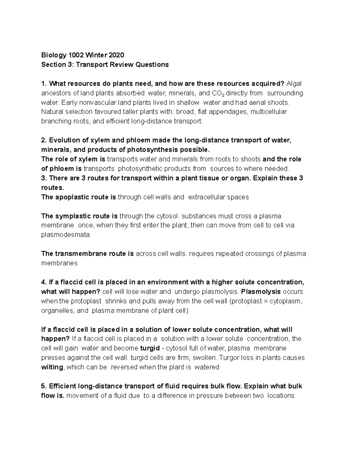 Biology 1002 W20 Section 3 Review Questions - BIOL 1002 - Memorial ...