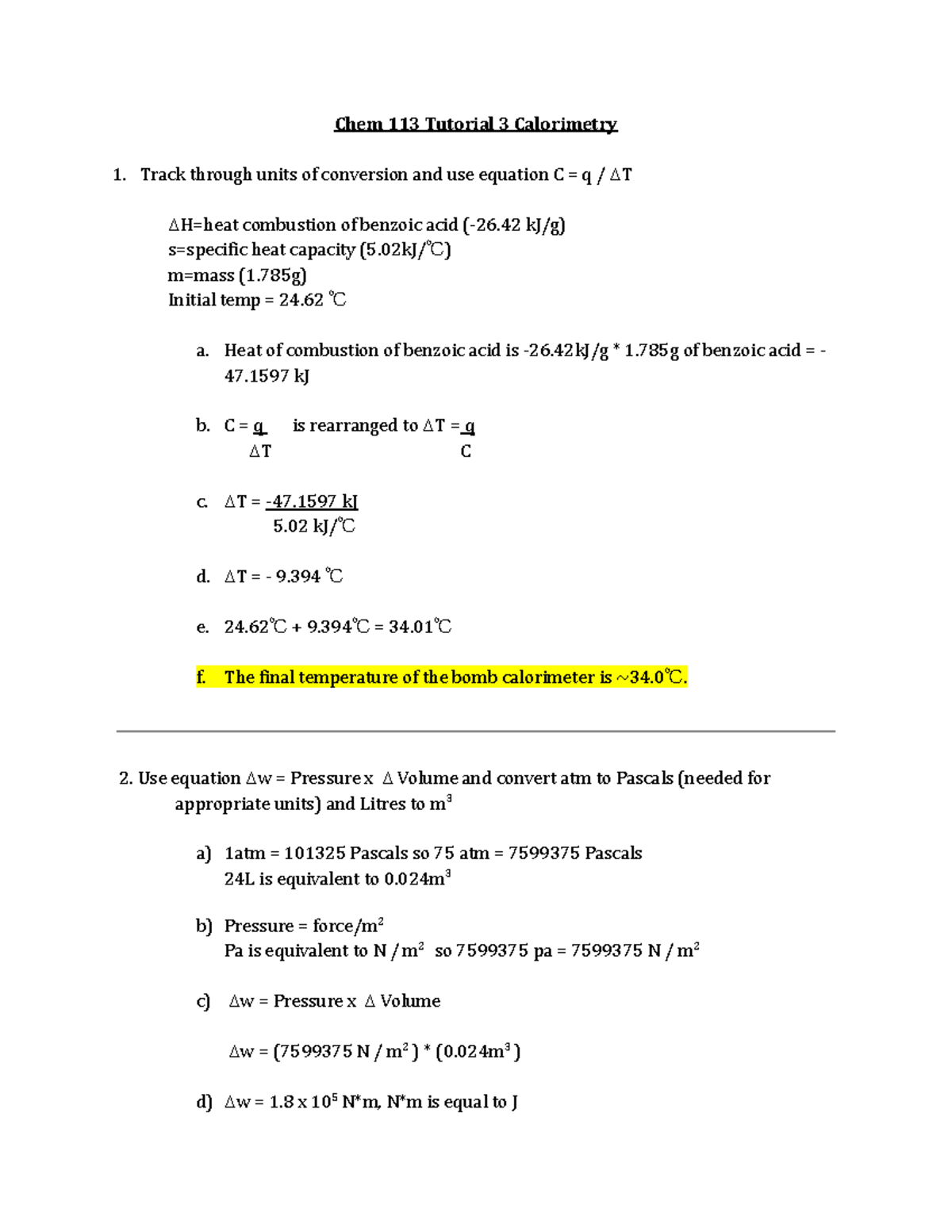Chem 113 Tutorial 3 Calorimetry Chem 113 Tutorial 3 Calorimetry Track
