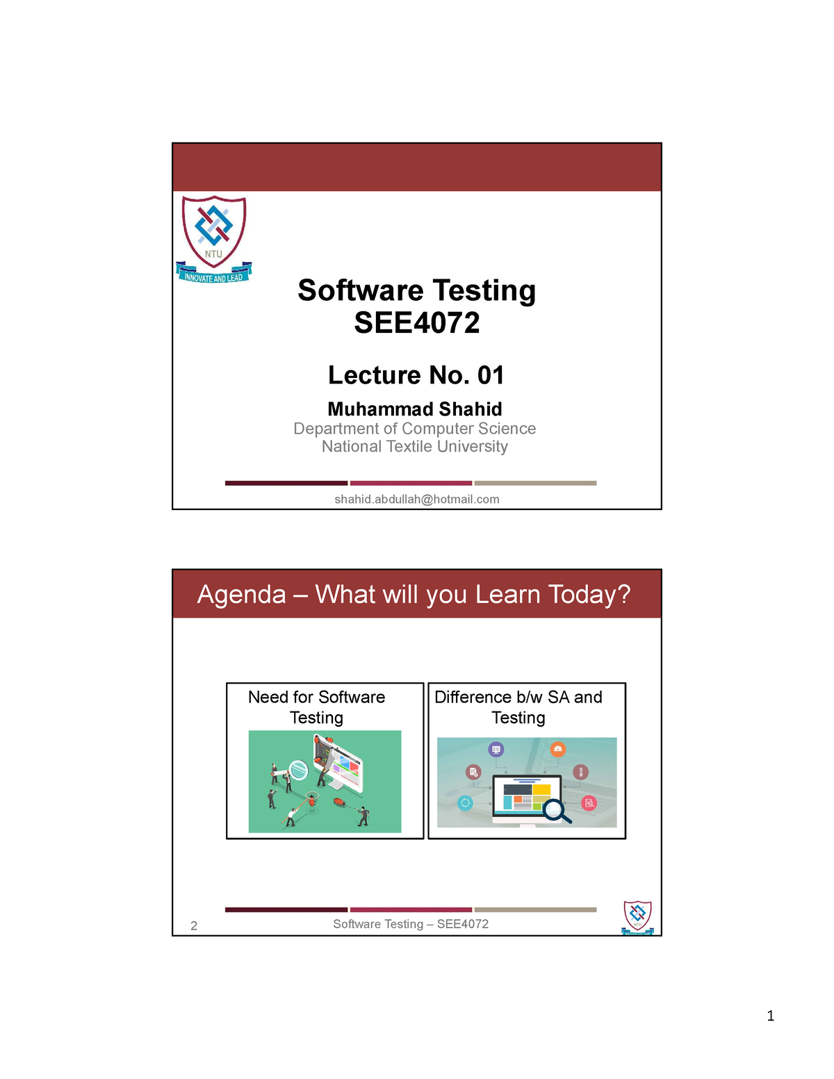 Lecture 01 - Introduction - Software Testing SEE Lecture No. 01 ...