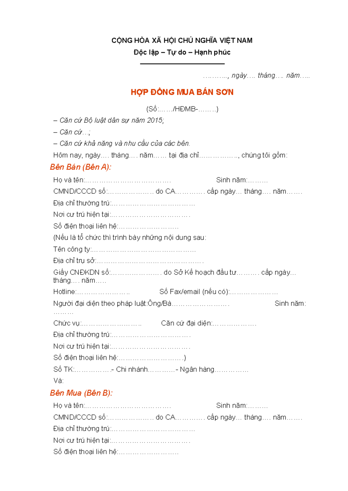 Hop dong mua ban son - Hopdongmua ban so - CỘNG HÒA XÃ HỘI CHỦ NGHĨA ...