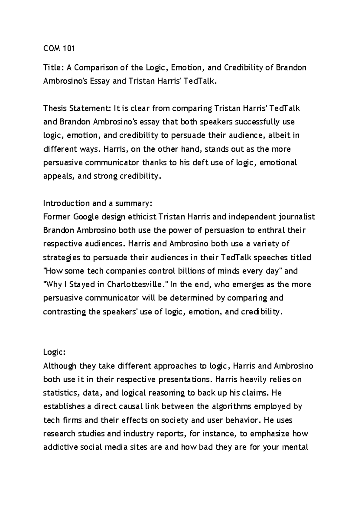 COM 101 - Com 101 assignment - COM 101 Title: A Comparison of the Logic ...