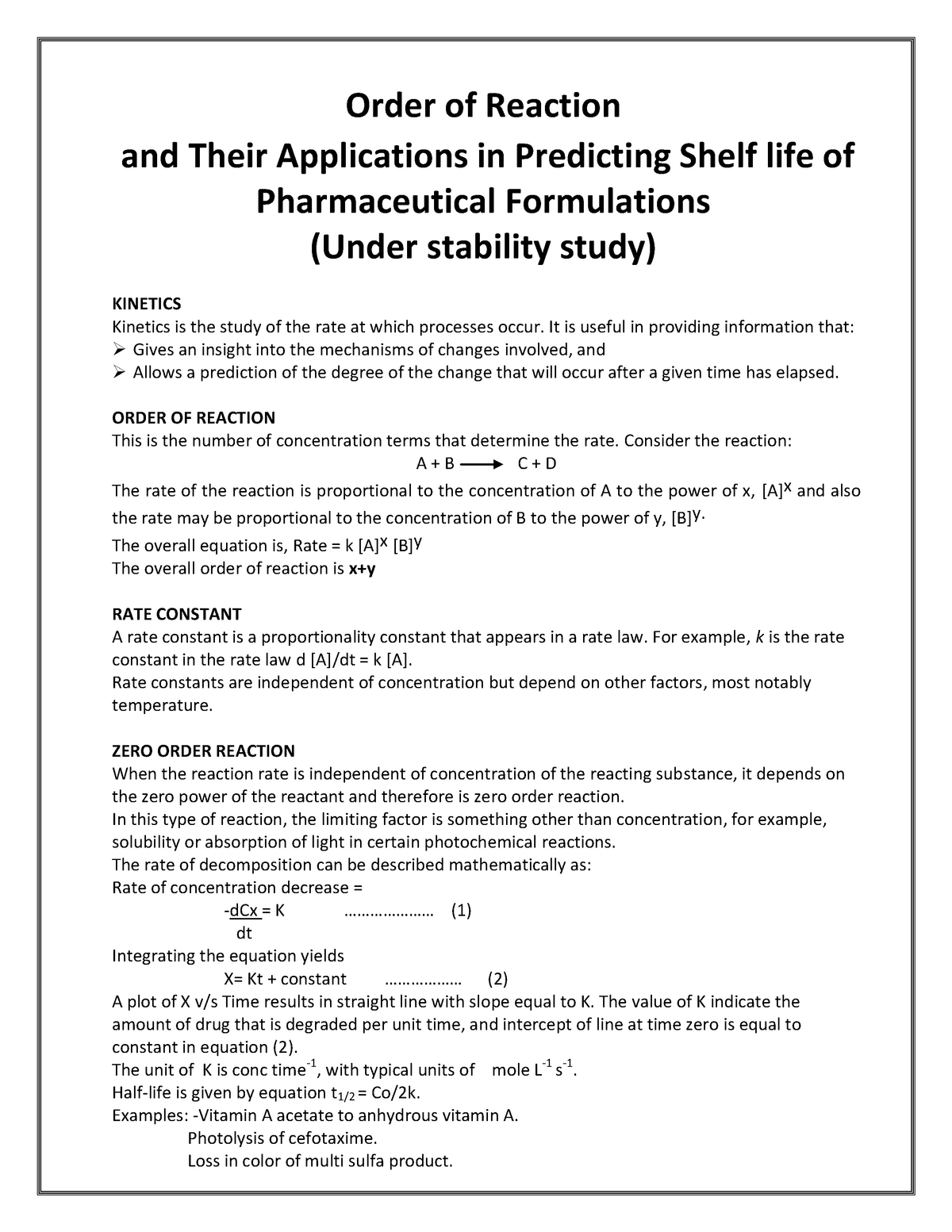 Order Of Reaction - Physical Pharmaceutics Il - GTU - Studocu