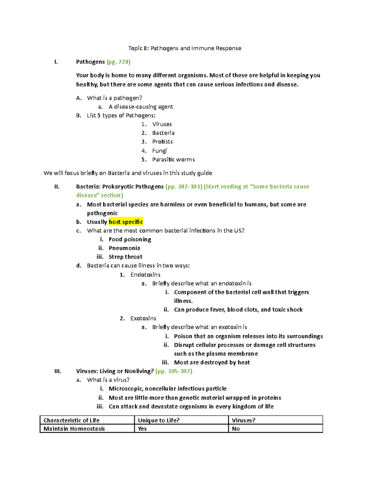 Topic 8 SG - This is on pathogens taught by Professor L. - Topic 8 ...