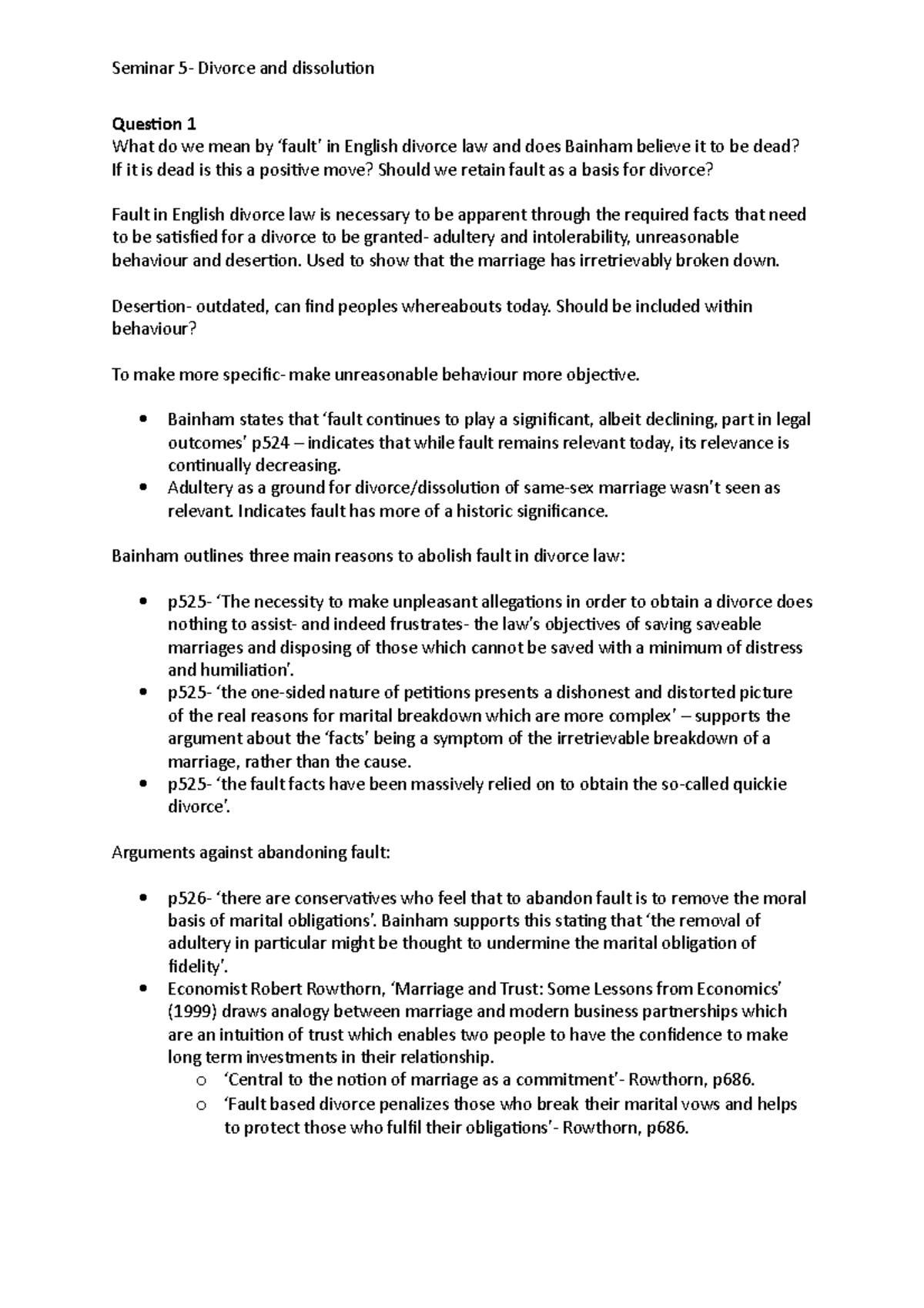 Seminar 5- Divorce and dissolution - Question 1 What do we mean by ...