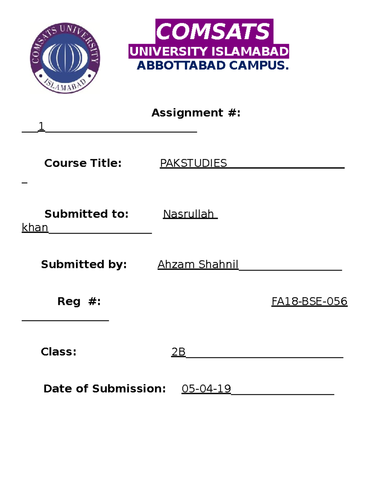 Pak studies Assignment 1 - COMSATS UNIVERSITY ISLAMABAD ABBOTTABAD ...